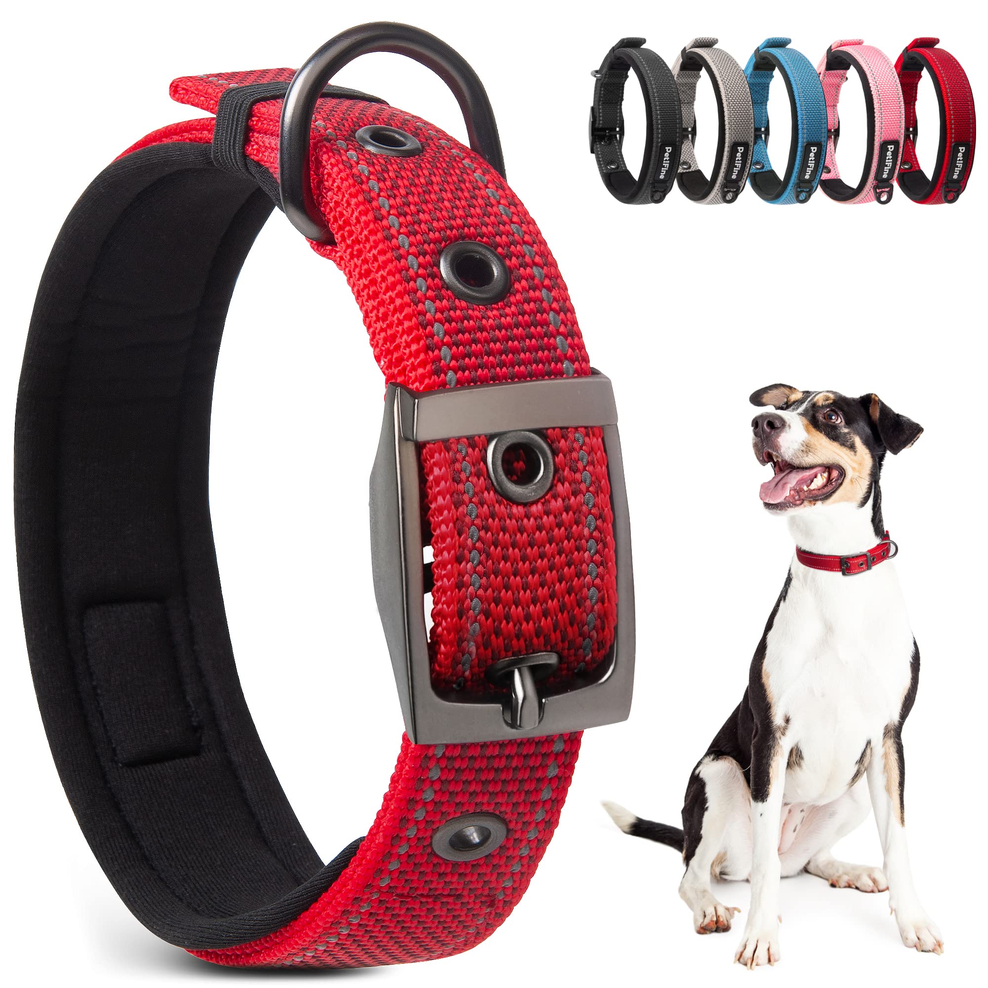 Petifine Heavy Duty Dog Collar With Durable Metal Buckle,Neoprene Padded Comfort Dog Collar, Reflective Adjustable Belt Buckle Dog Collars For Small Medium Large Dogs(14.5''-19'', Red)