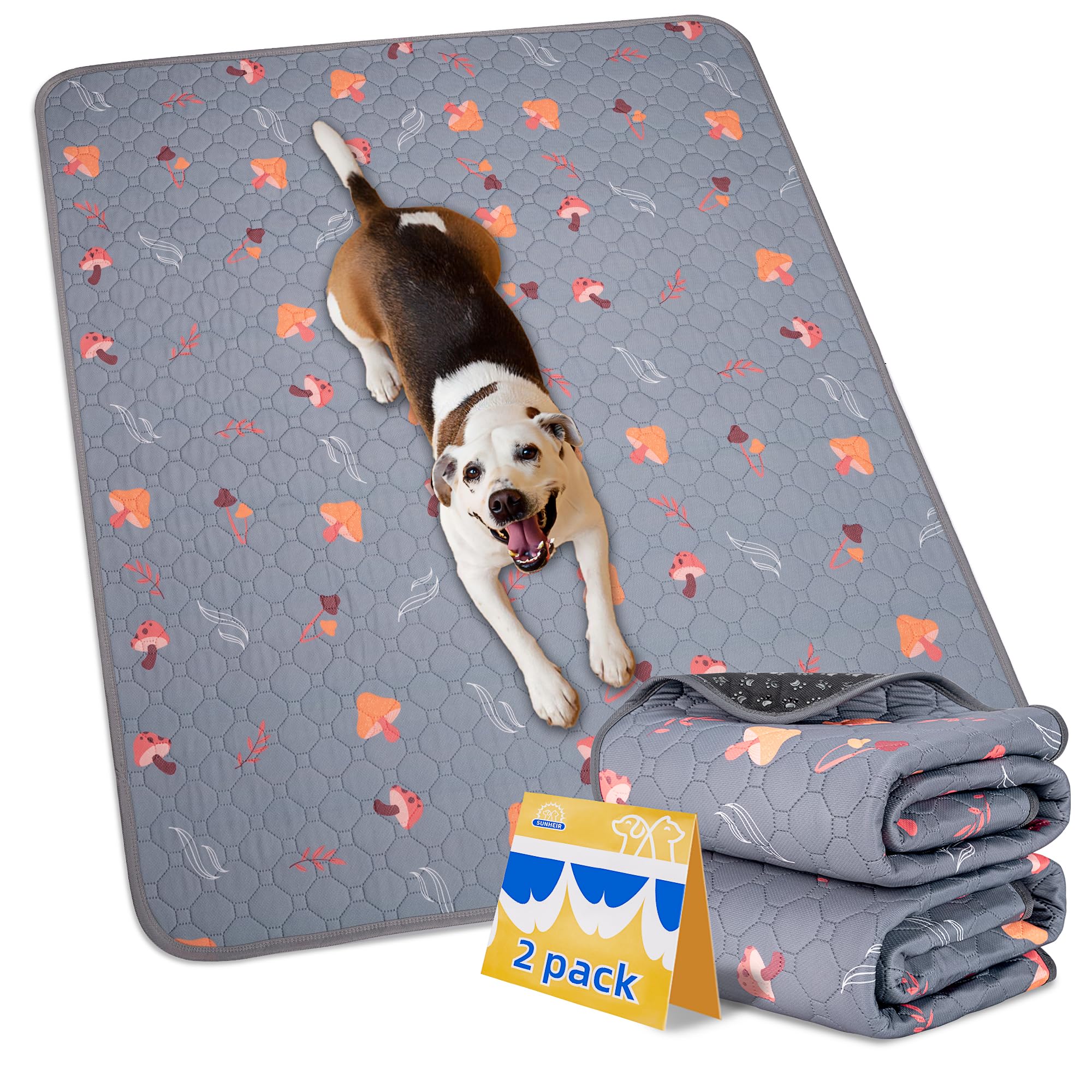 Sunheir 2-Pack Washable Pee Pads For Dogs - 34'' X 30'' Super Absorbent Reusable Puppy Training Pads - 100% Waterproof, Non-Slip