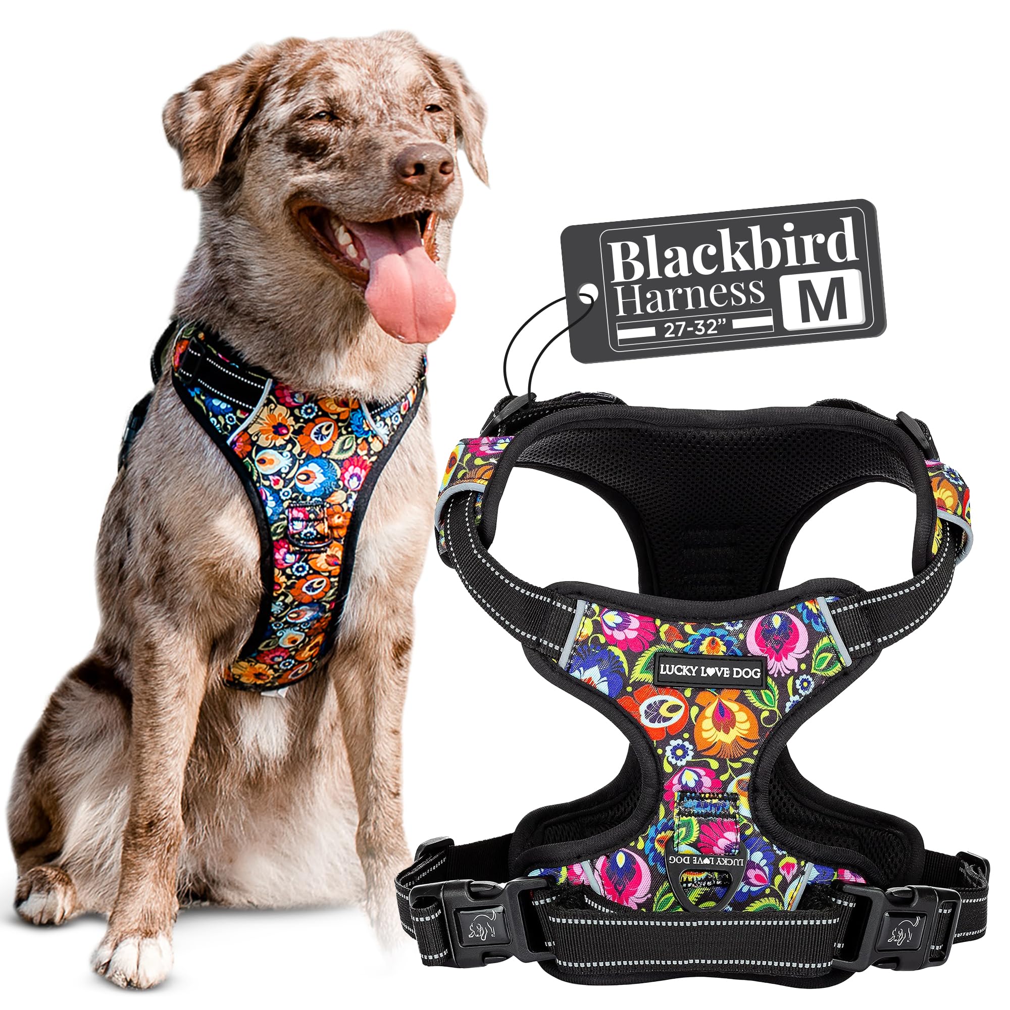 Lucky Love Dog No Pull Dog Harness, Adjustable And Easy To Walk, Black & Purple Floral Pattern Dog Harness For Small Medium Larg