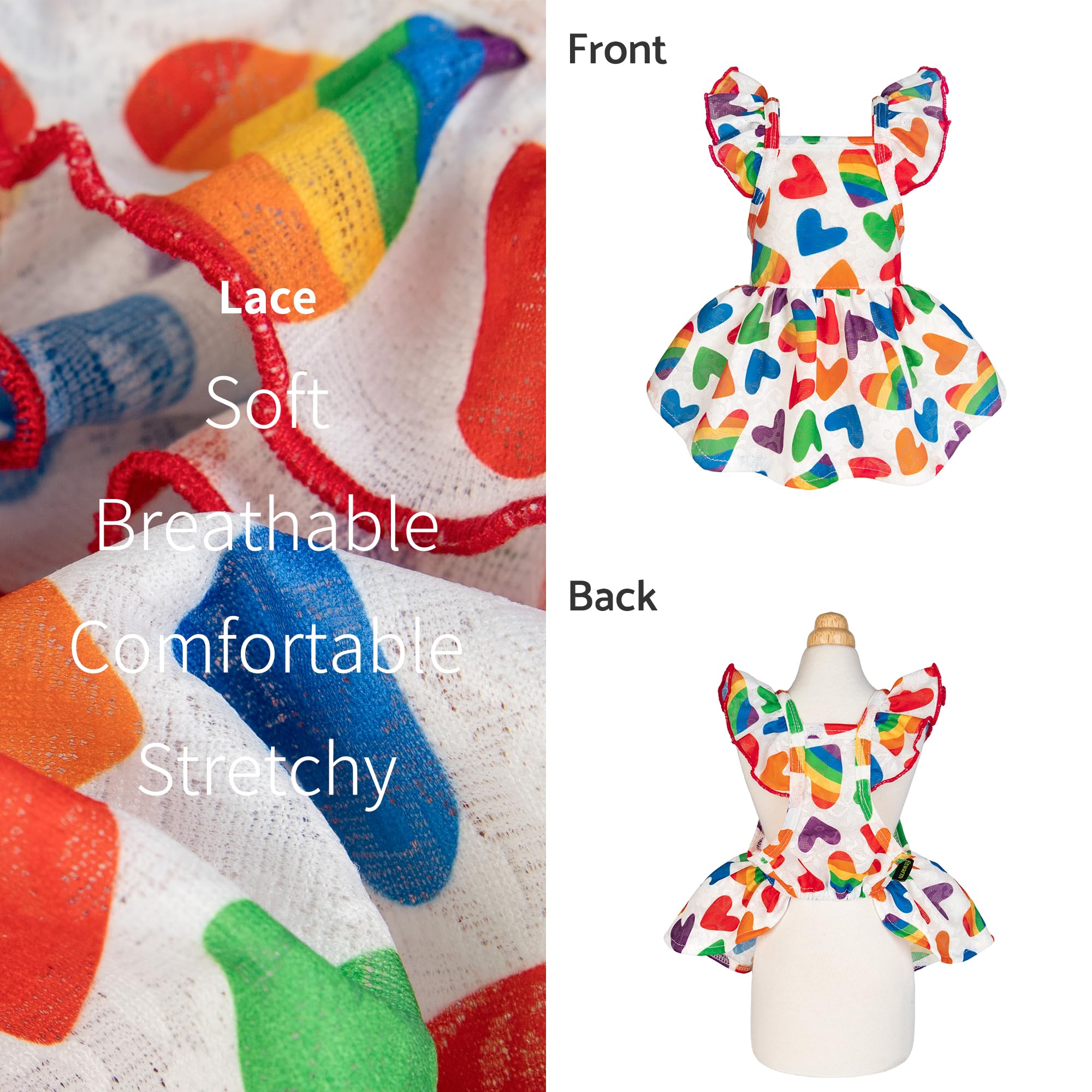 Fitwarm Colorful Heart Dog Dress, Summer Clothes For Small Dogs Girl, Cute Pet Rainbow Outfit, Red, Yellow, Blue, Green, White,