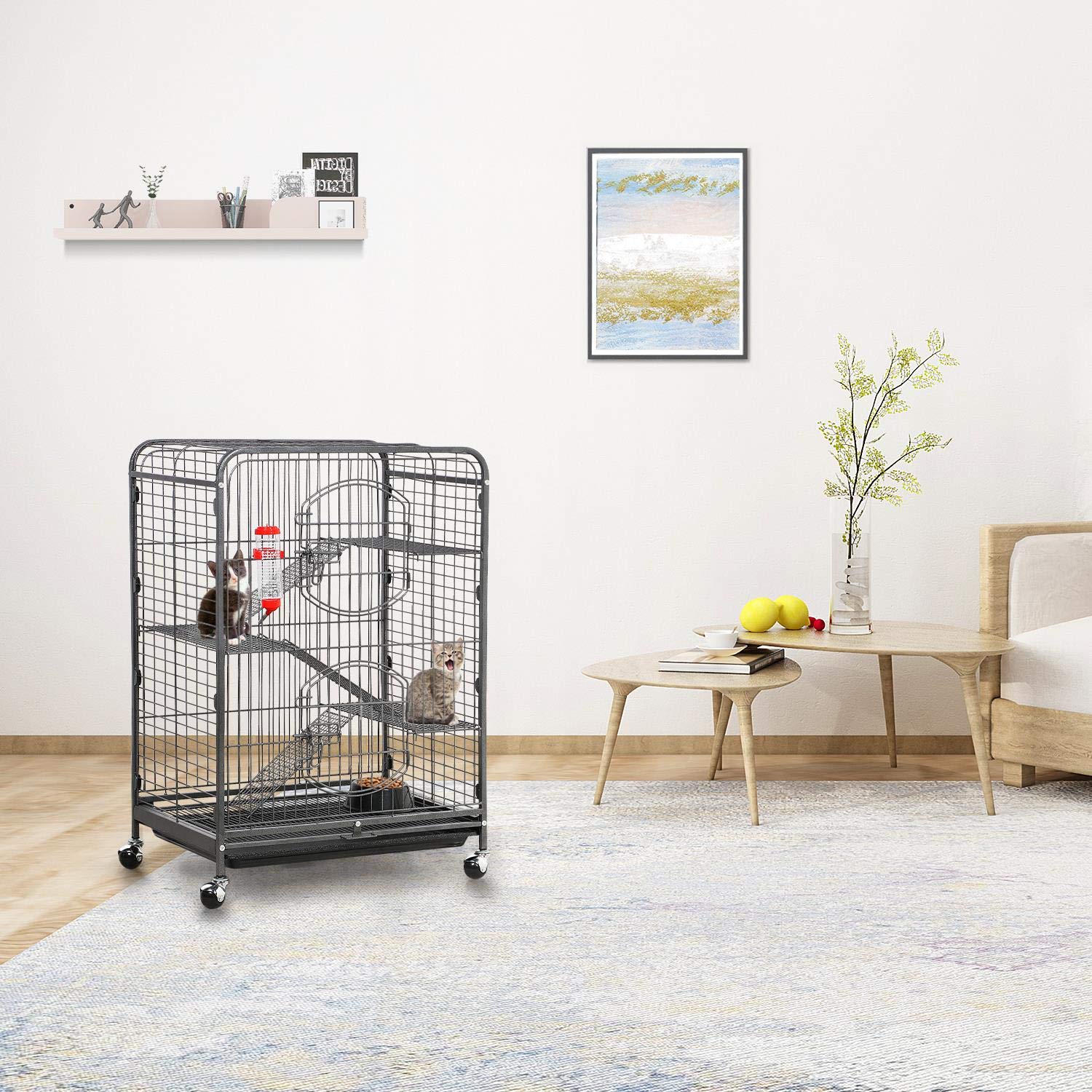 Yaheetech 37" Metal Ferret Chinchilla Cage - Indoor/Outdoor, Black, Iron, 2 Front Doors, Feeder, Wheels