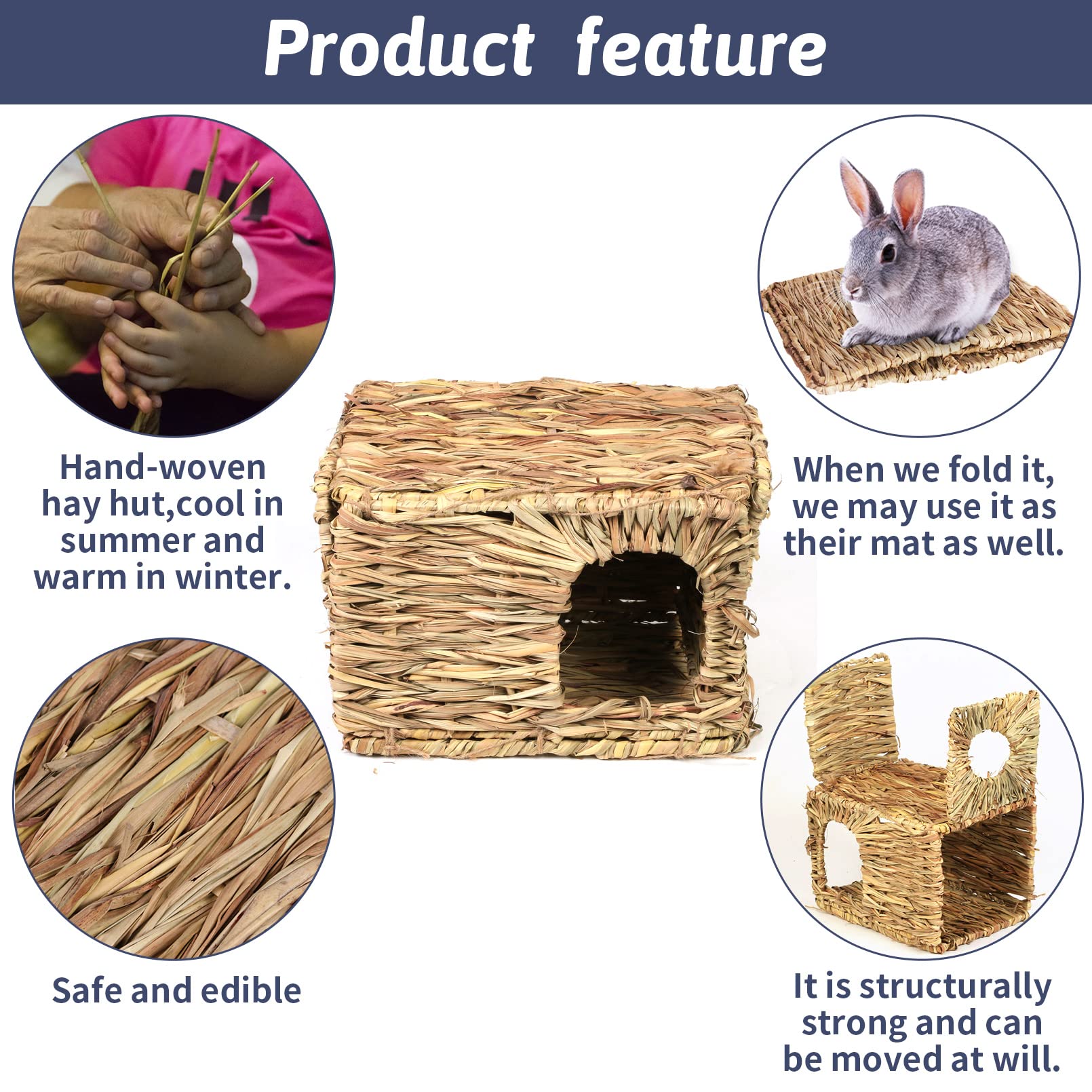 Hamiledyi 2 Pcs Grass House For Rabbit Natural Hand Woven Seagrass Play Hay Bed Foldable Woven Hideaway Hut Toy For Bunny Hamste