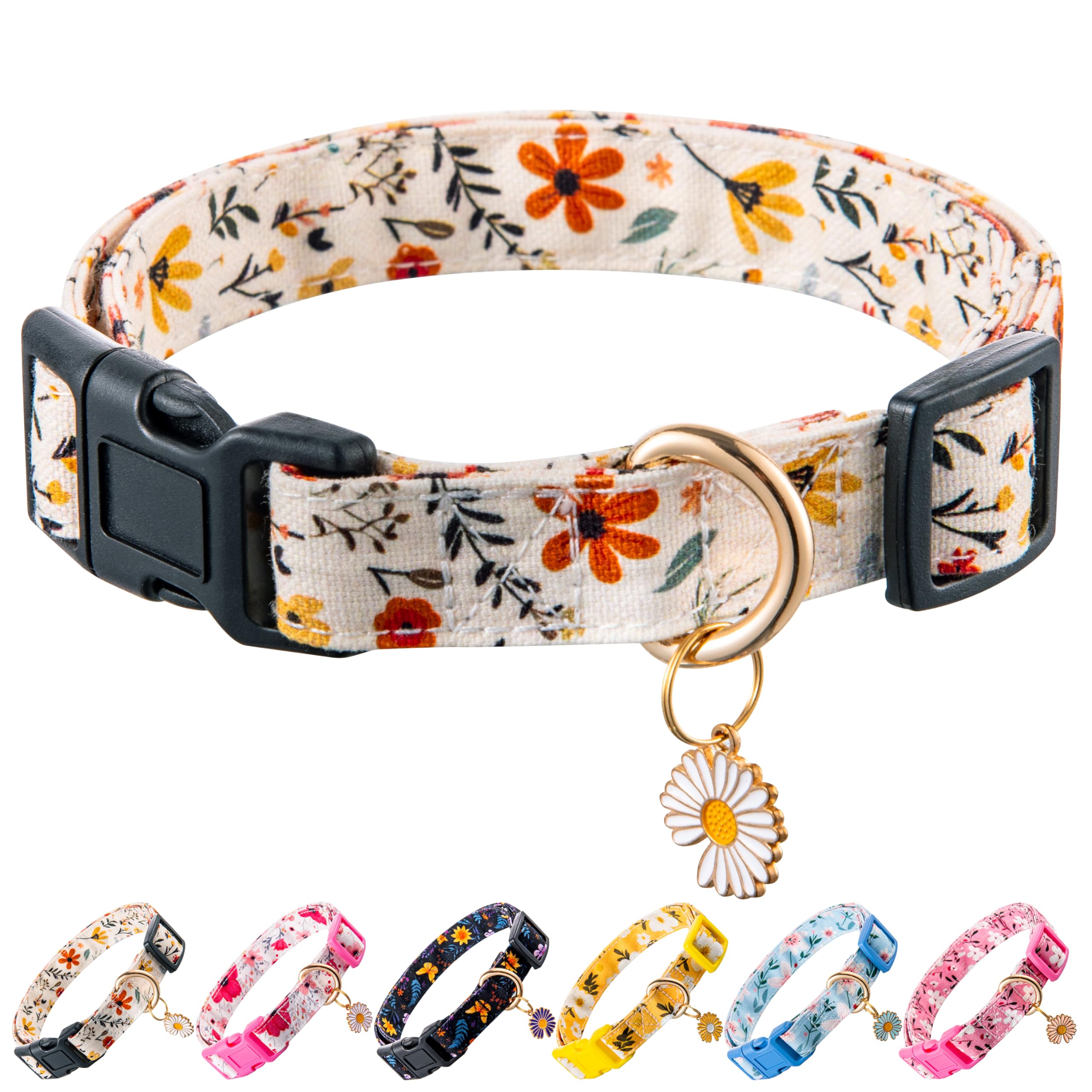 Raisingwell Cotton Dog Collar Beige Flower Pattern For Boys And Girls Cute Dog Collars Summer Fall Gift Adjustable For Small To 