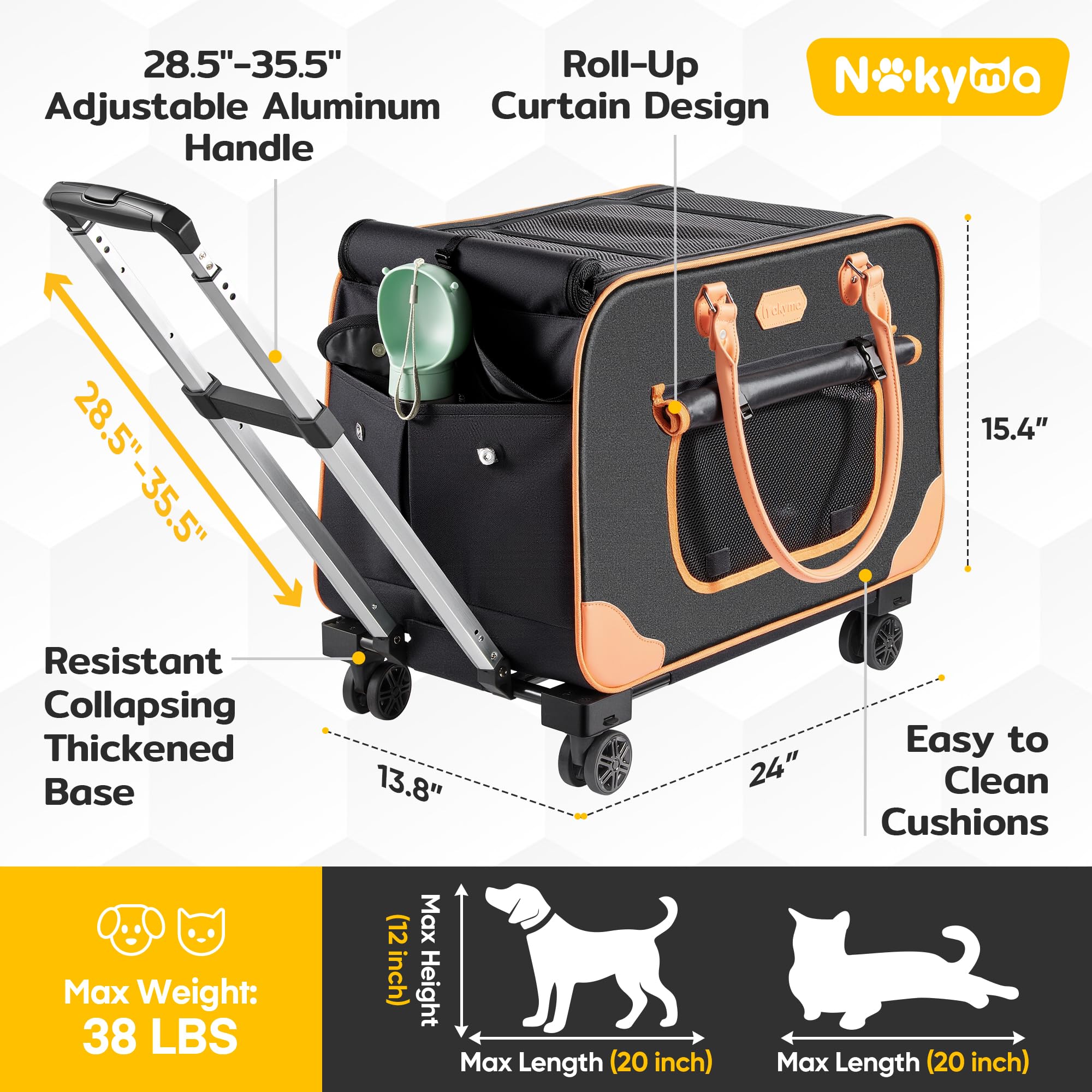 Large Cat Carrier With Wheels, Rolling Cat Carrier, 24''X 13.8''X 15.4'' Pet Carrier With Wheels For Large Cats Small Dogs Up To
