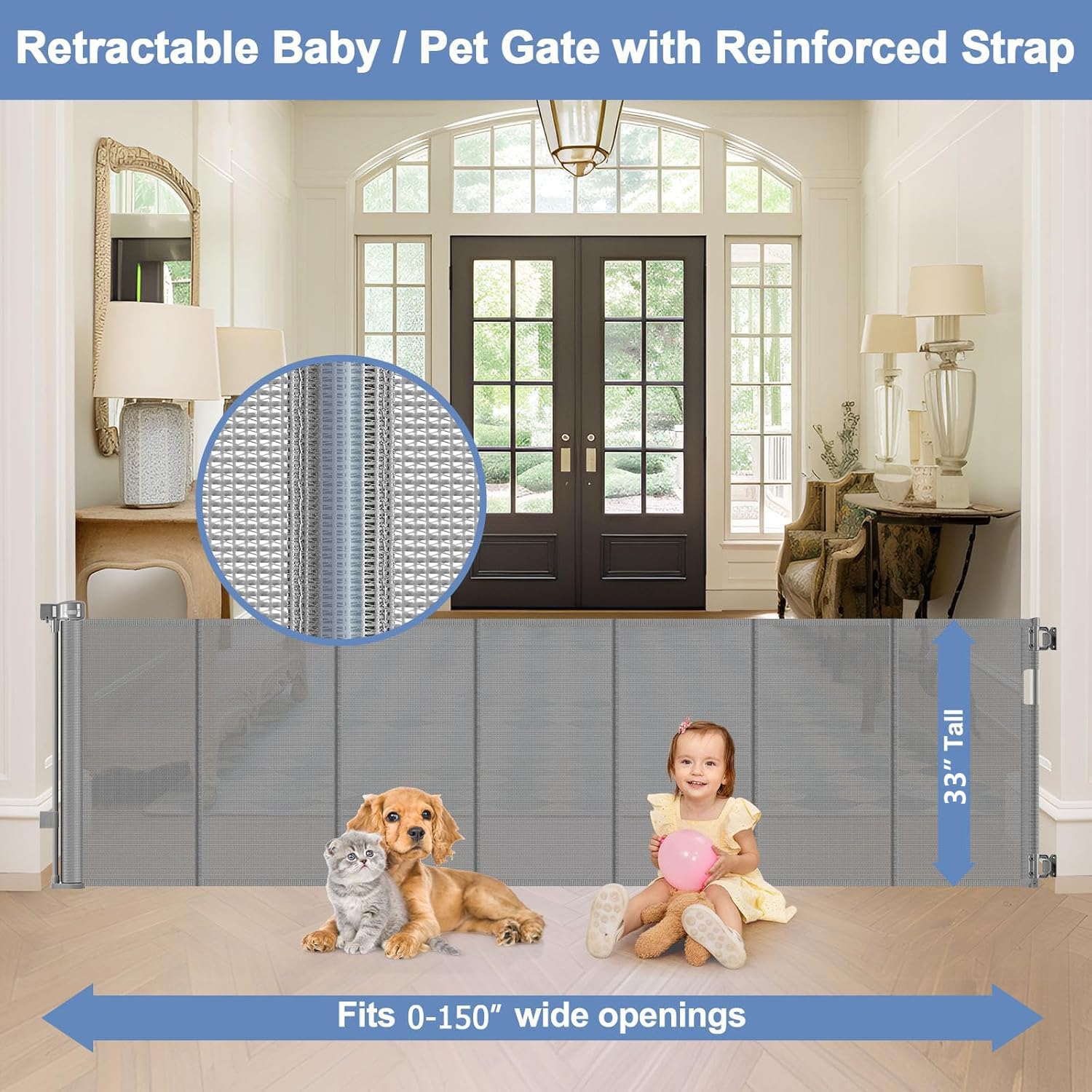 Reinforced 150 Inch Retractable Baby Gates Extra Wide Outdoor Retractable Gate for Dogs Long Baby Gates Indoor Extra Long Pet Ga