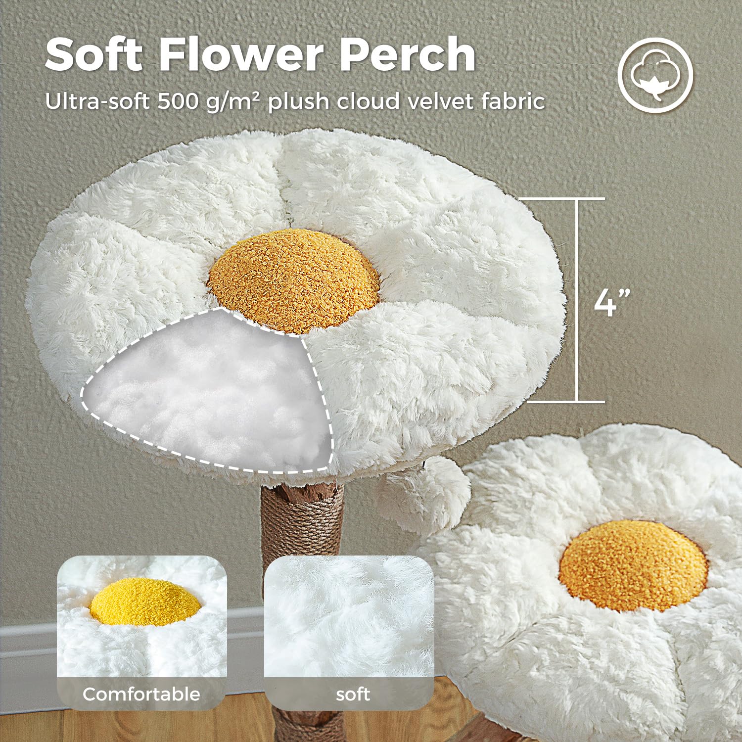 Muttros Wood Flower Cat Tree, Modern Cat Tower With Real Wood Branches, Luxury Boho Furniture With Scratching Post And 2 Perches