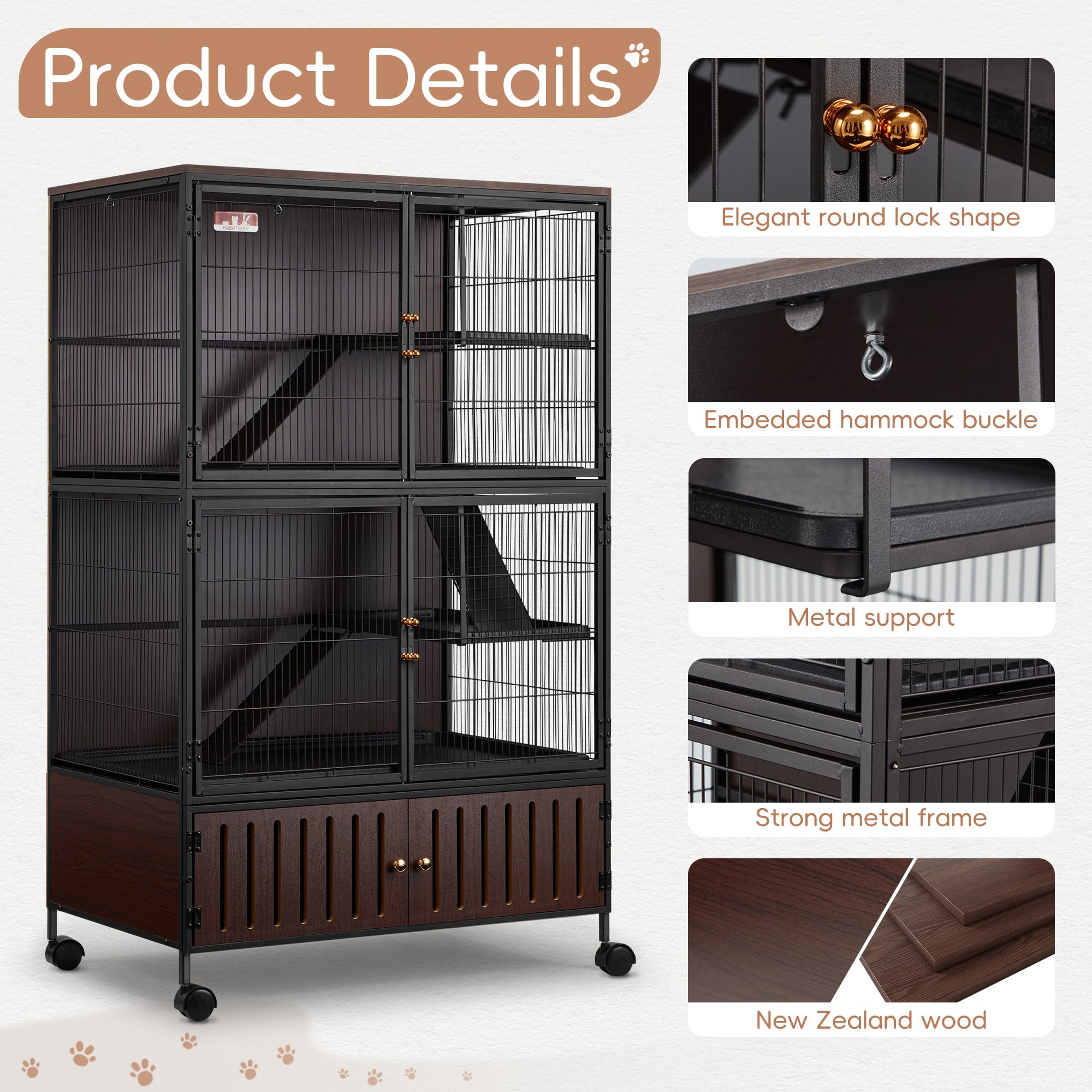 Habutway 60''H Metal Large Ferret Cage, Rolling Chinchilla Cage With Removable Ramps& Double Door, Critter Nation With Locker, S