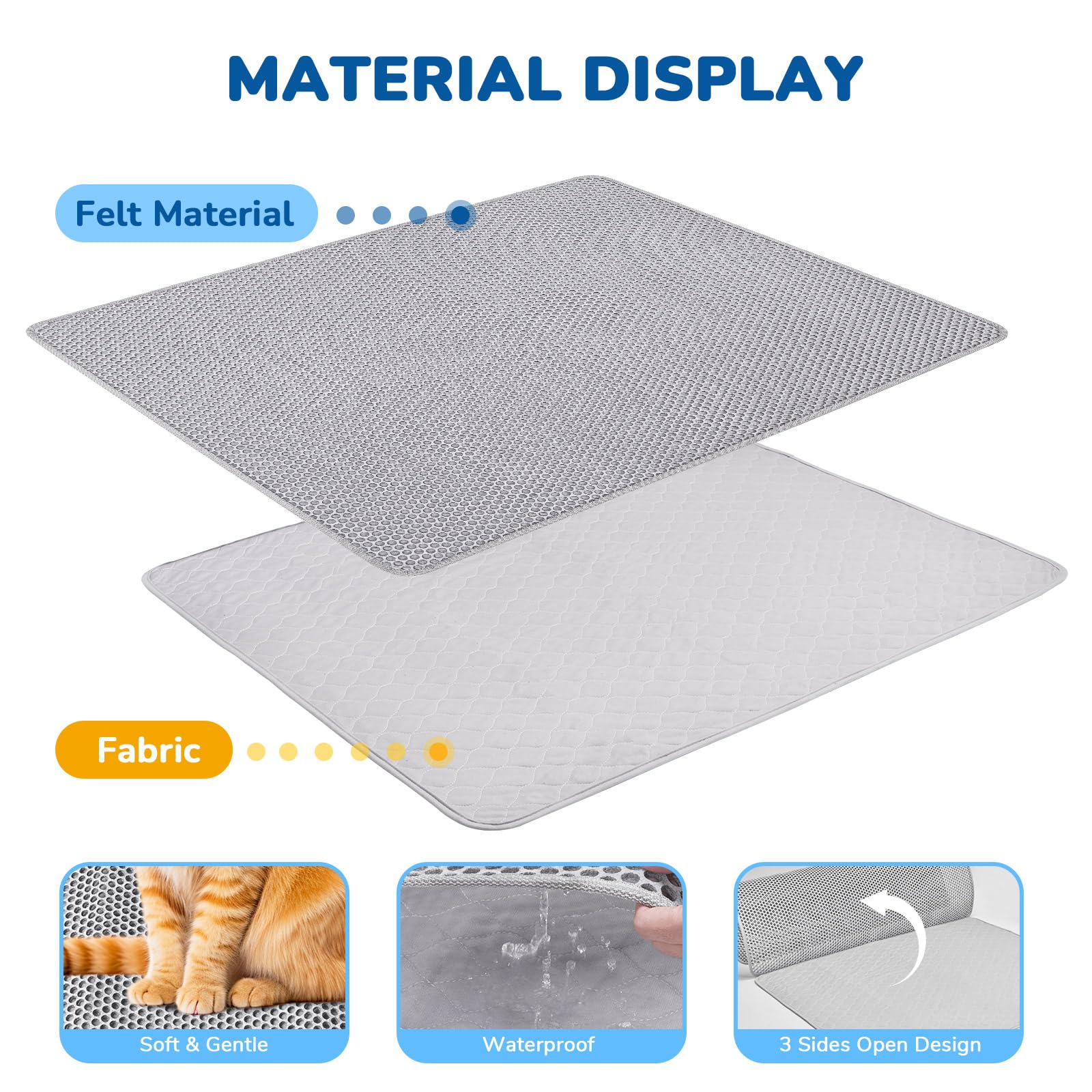 Burgeonnest Cat Litter Mat 30'' X 24'', Upgraded Felt & Fabric Material Cat Trapping Mat For Fewer Creases, Holds 1-2 Litter Box