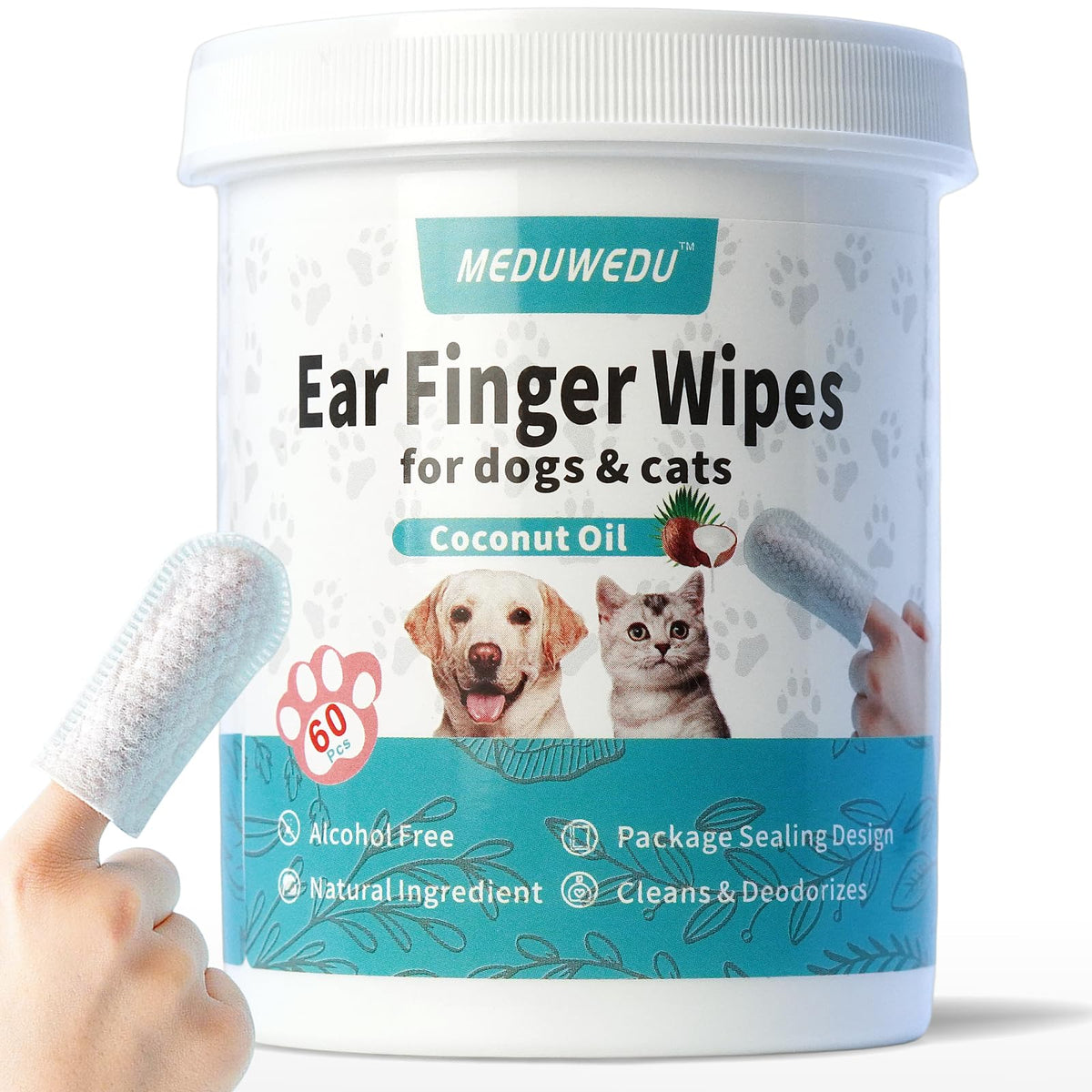 Meduwedu Ear Cleaner Finger Wipes 60 Counts, Dog Ear Cleaner, Grooming Kit Care For Dogs And Cats, Soft & Easy Otic Cleaning Pads, Remove Wax, Dirt & Stop Smelly, Itchy, Non-Irritating, Coconut Scent