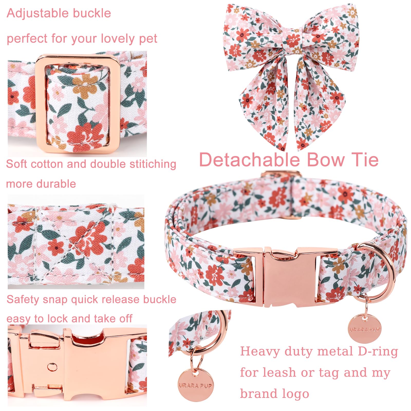 Up Urara Pup Flower Bowtie Dog Collar - Summer Comfortable Cotton Collar With Metal Buckle For Puppy Boy Girl, L