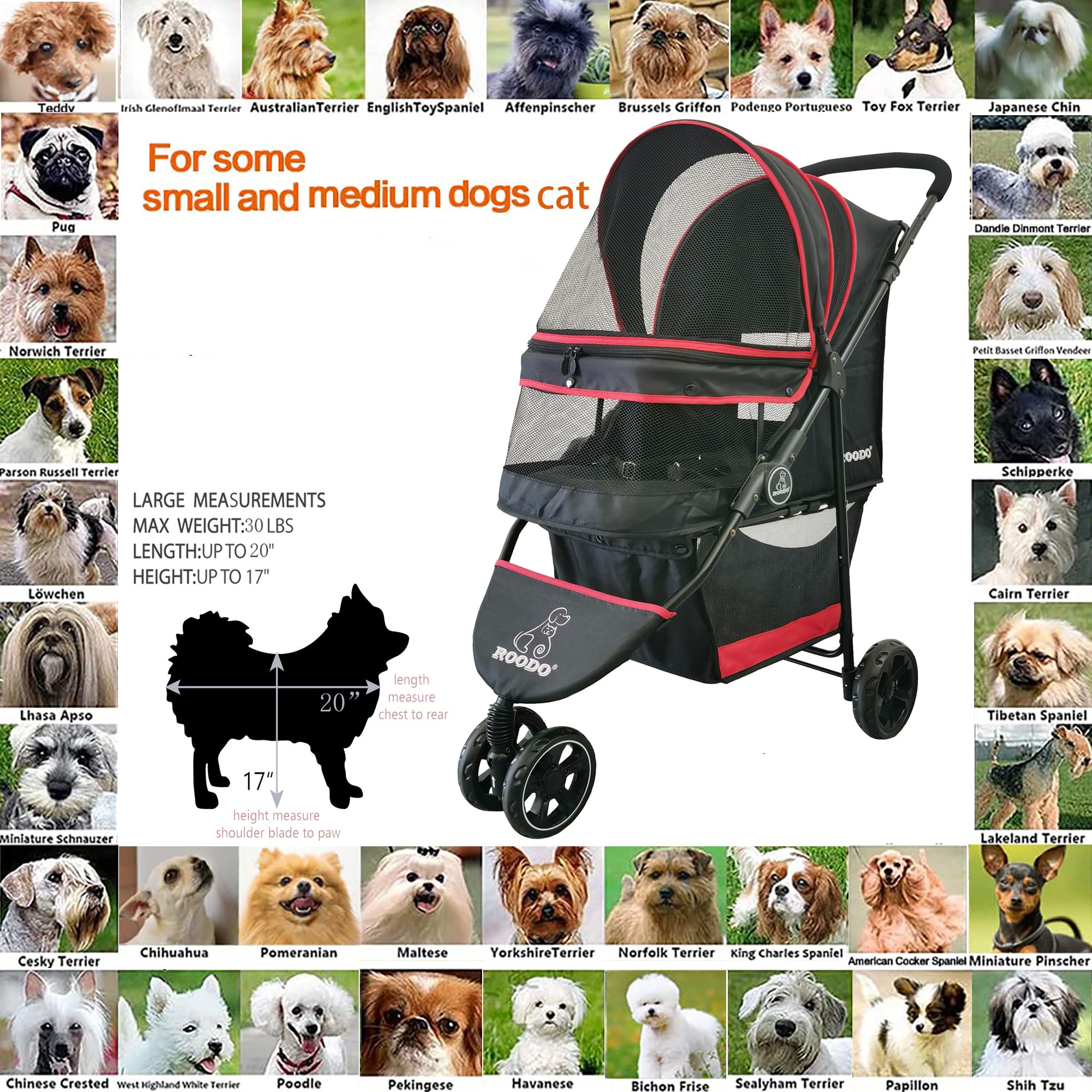 Roodo Escort 3 Wheel Dog Cat Pet Stroller For Small/Medium Dogs Cats Best Lightweight Foldable Portable Compact Jogger Travel Al