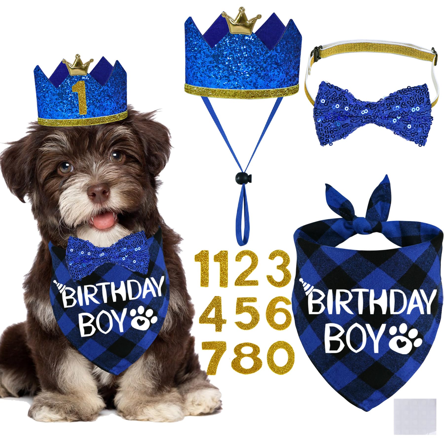Stmk Dog Birthday Party Supplies, Multi Size Dog Birthday Hat With Numbers Bandana Bow Tie For Small Dogs Pets (Blue, Small)