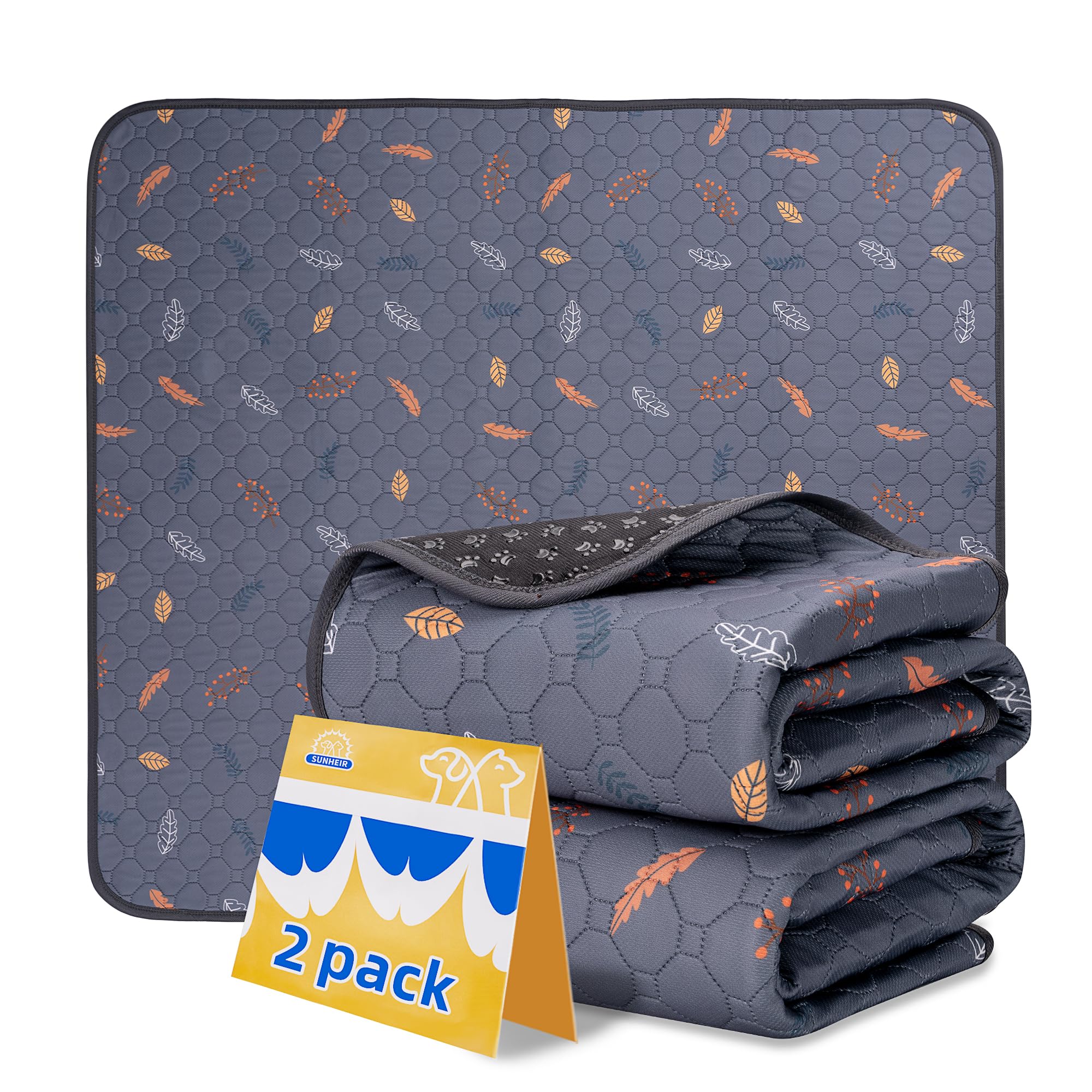 Sunheir Washable Pee Pads For Dogs Large 48' X 48' 2-Pack Reusable Puppy Pads Pet Training Pads, Absorb Dog Mats, Whelping Pad, Non-Slip Protects Against Urine Leakage (Leaves - Light Grey, 48X48)