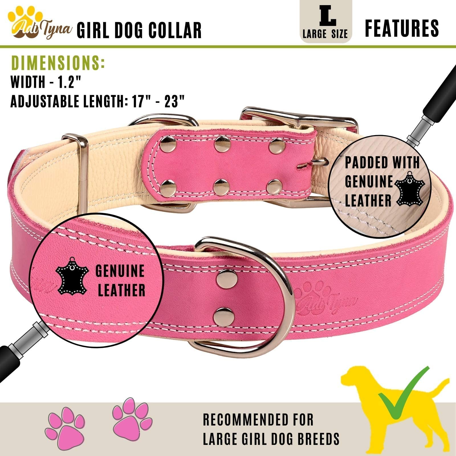 Adityna Heavy Duty Real Leather Dog Collar For Large Dogs - Pink Large Dog Collar - Soft And Strong Thick Dog Collar With Double Metal Buckle