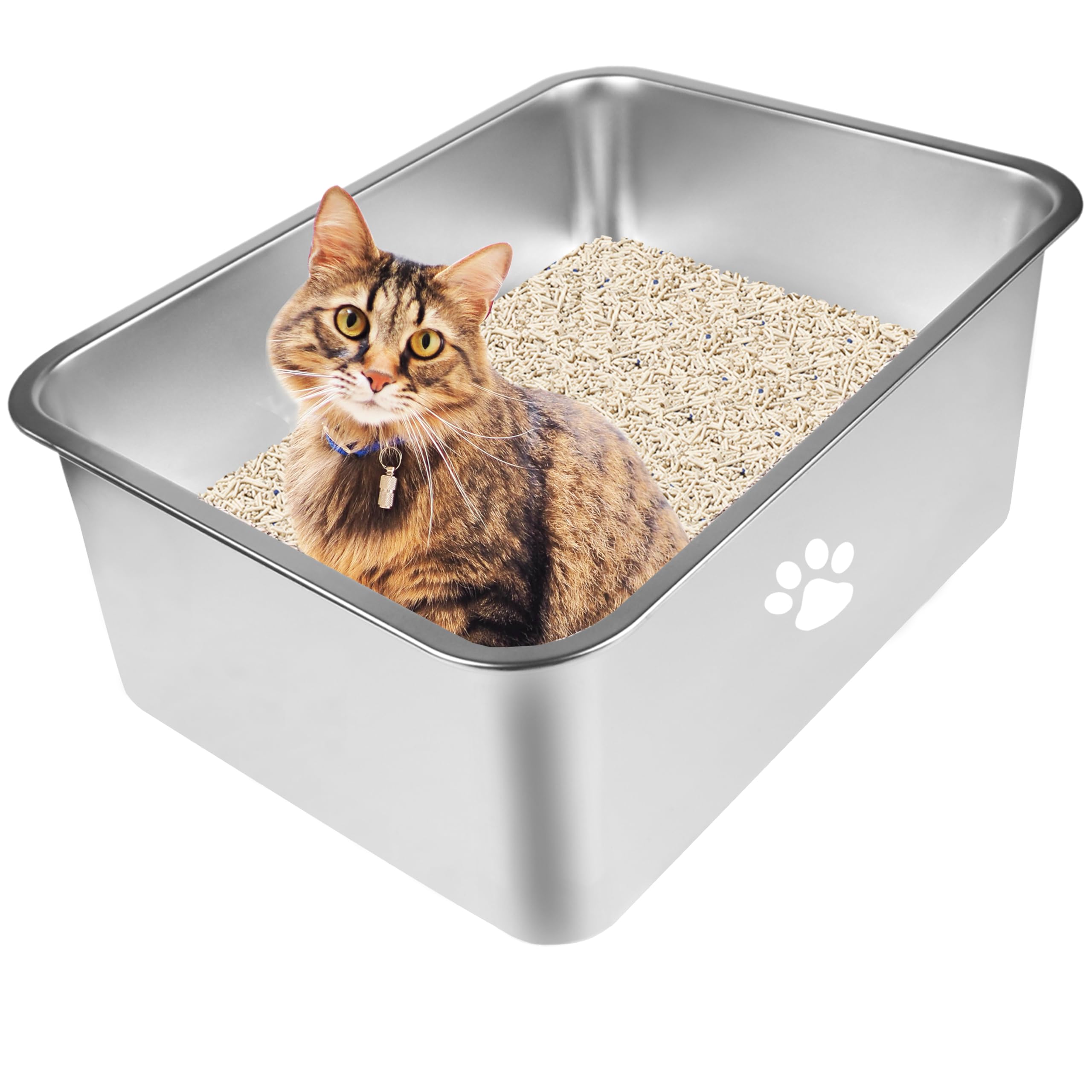 Stainless Steel Cat Litter Box - Metal High Sided Cat Litter Pan,Large Stainless Steel Box,Smooth Surface,Rust Proof,Non-Stick, 