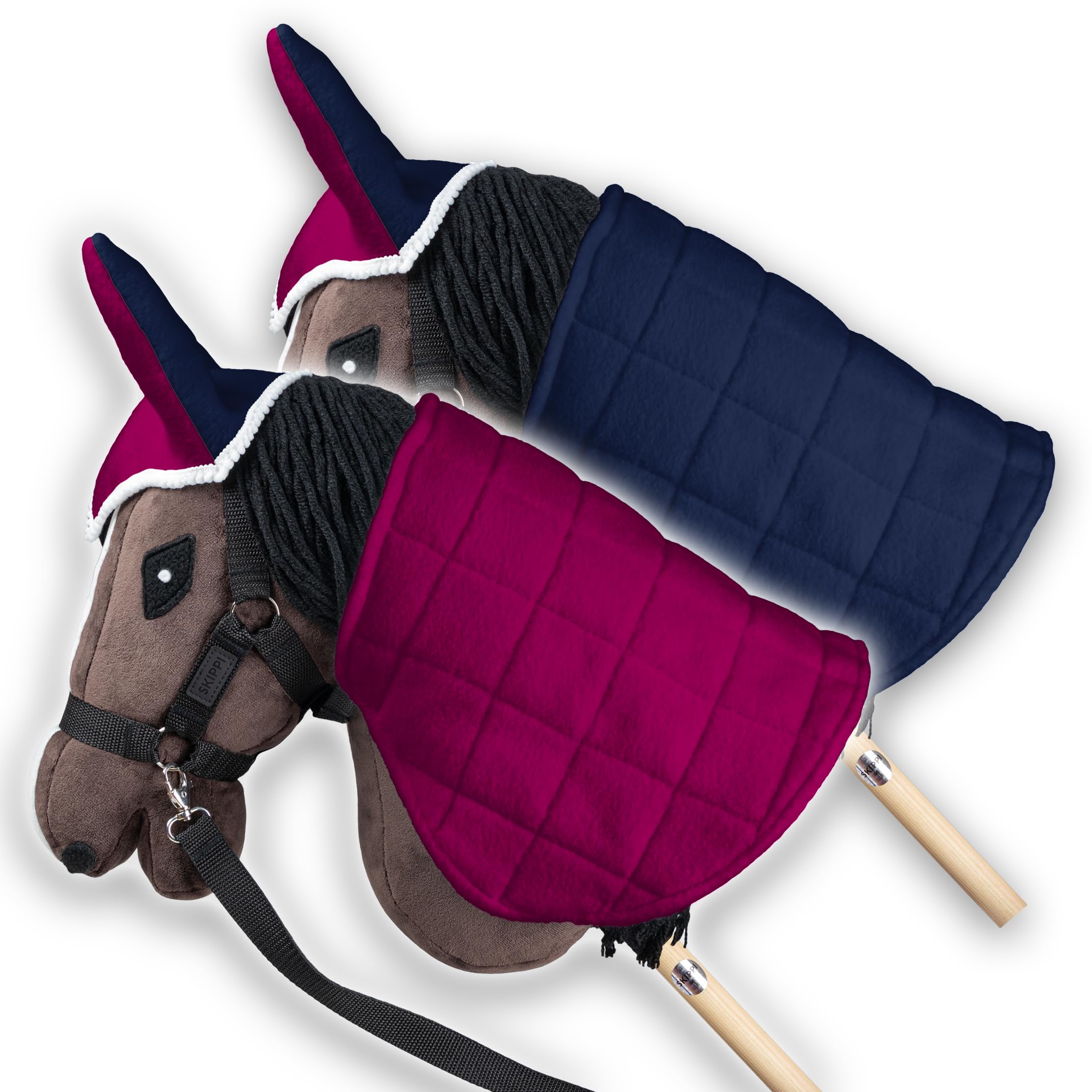 SKIPPI Blanket and Hat for Hobby Horse - Fuchsia and Navy Blue, Reversible Accessory, Two-Tone Fly Hat for Riding Head