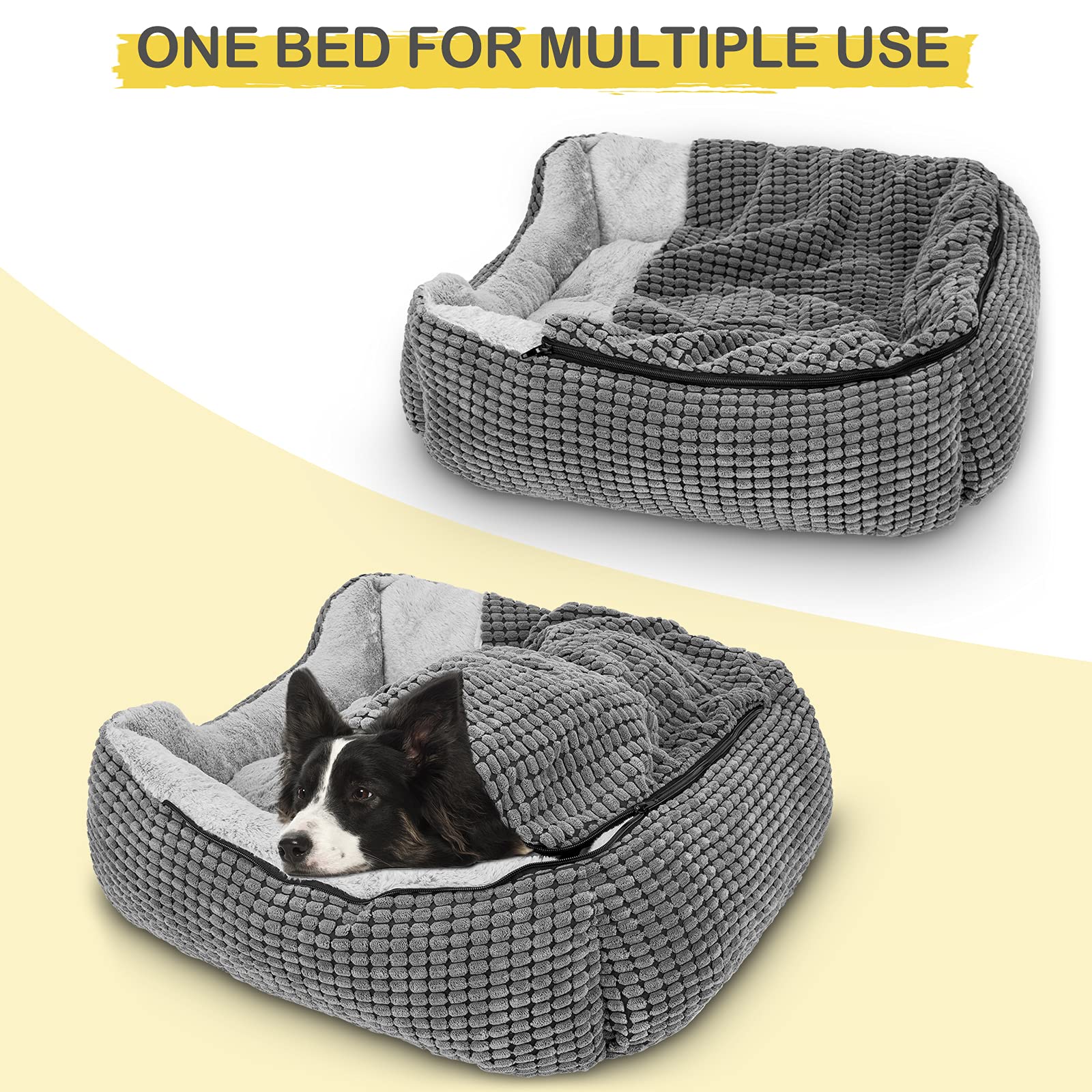 Gasur Dog Beds For Large Medium Small Dogs, Rectangle Cave Hooded Blanket Puppy Bed, Luxury Anti-Anxiety Orthopedic Cat Beds For Indoor Cats, Warmth And Machine Washable (20 Inches, Grey)