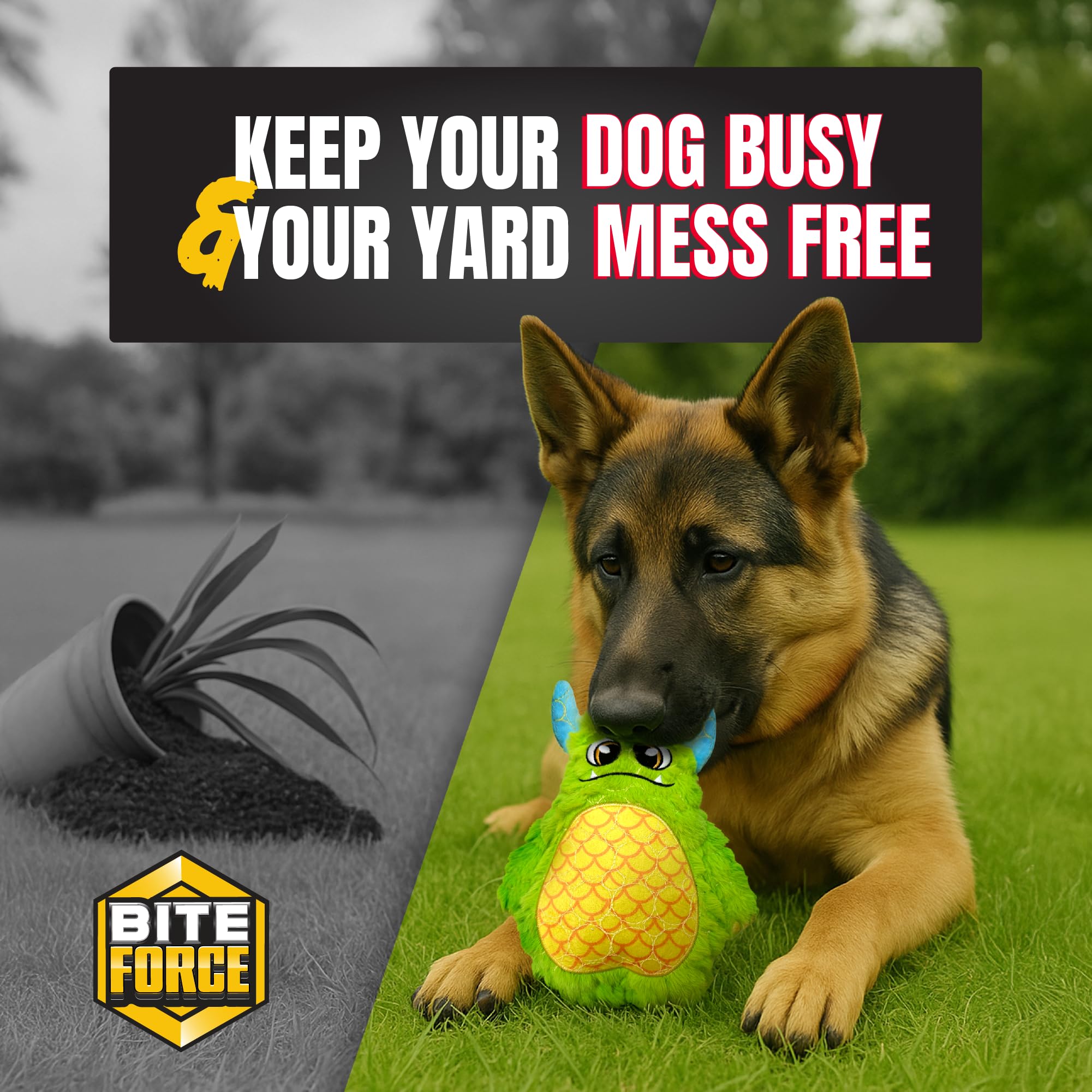 Bite Force Dog Toy - Large Durable & Strong Plush Green Monster Dog Toy, Kevlar-Reinforced for Aggressive Chewers