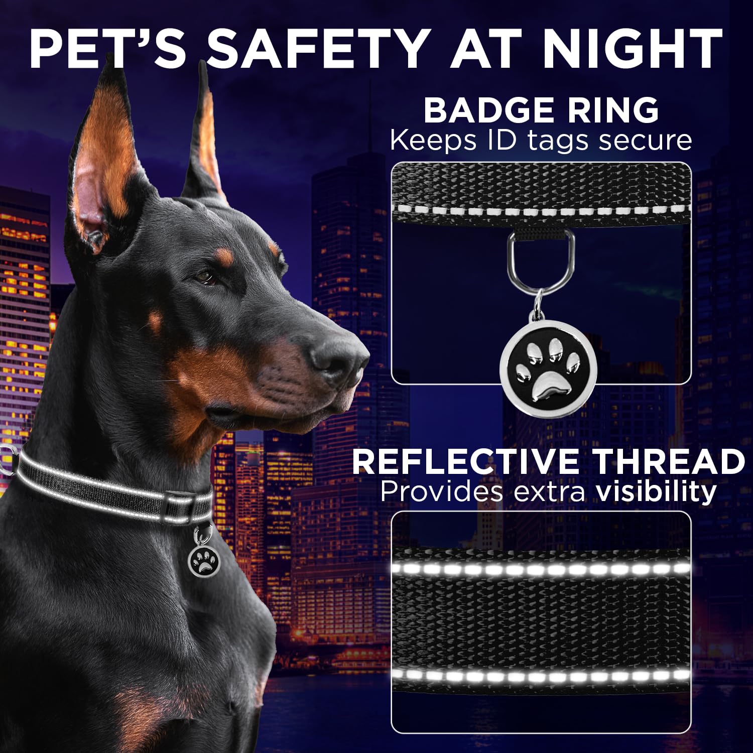 Teceum Reflective Pet Collar - Black - L - Extra Soft Padding - Basic Nylon Dog Collar - Quick Release Buckle - Fits Small, Medi