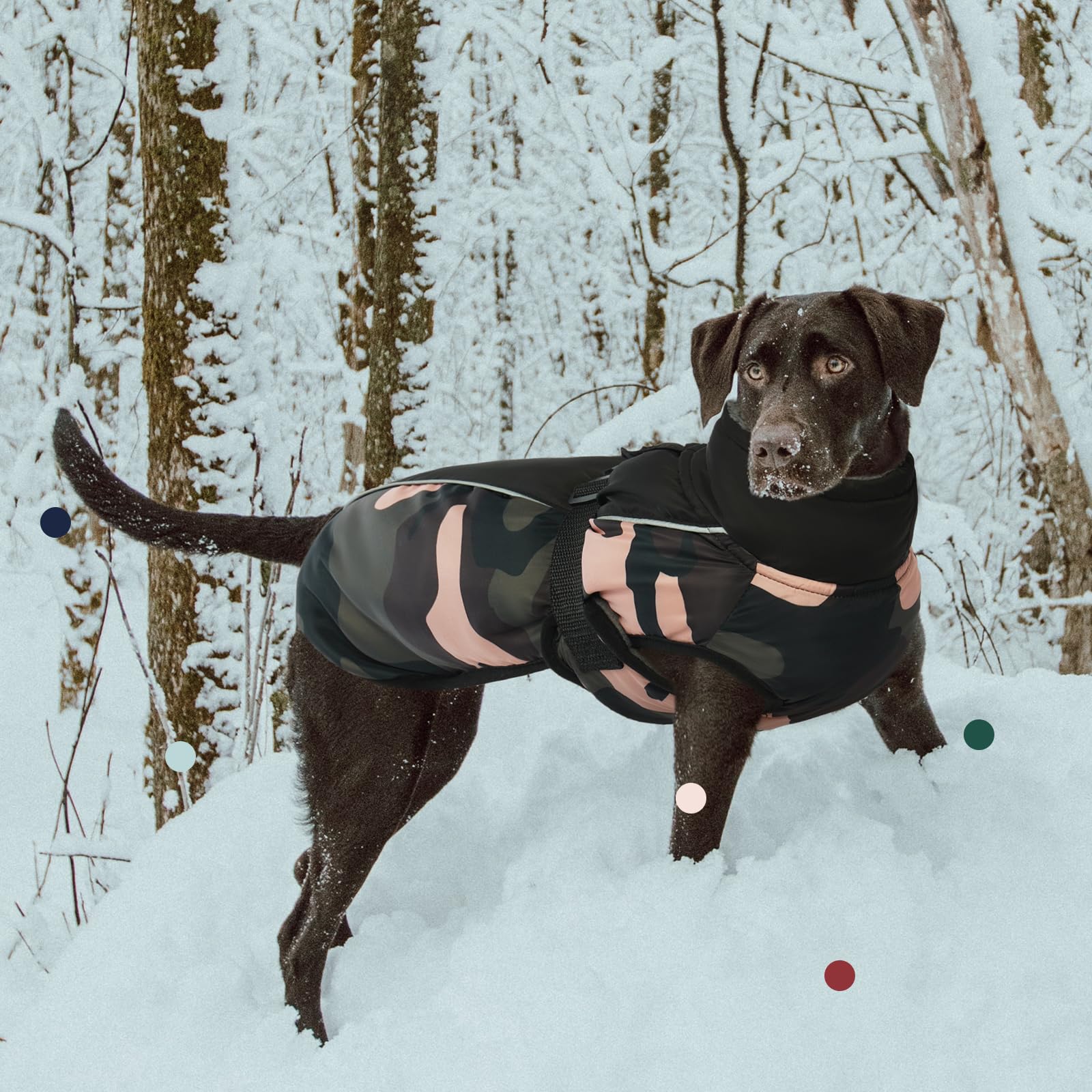 IECOii Dog Winter Coat - Extra Warm Reflective Jacket, Fleece Turtleneck, Large, Green Camo for Small Medium Large Dogs