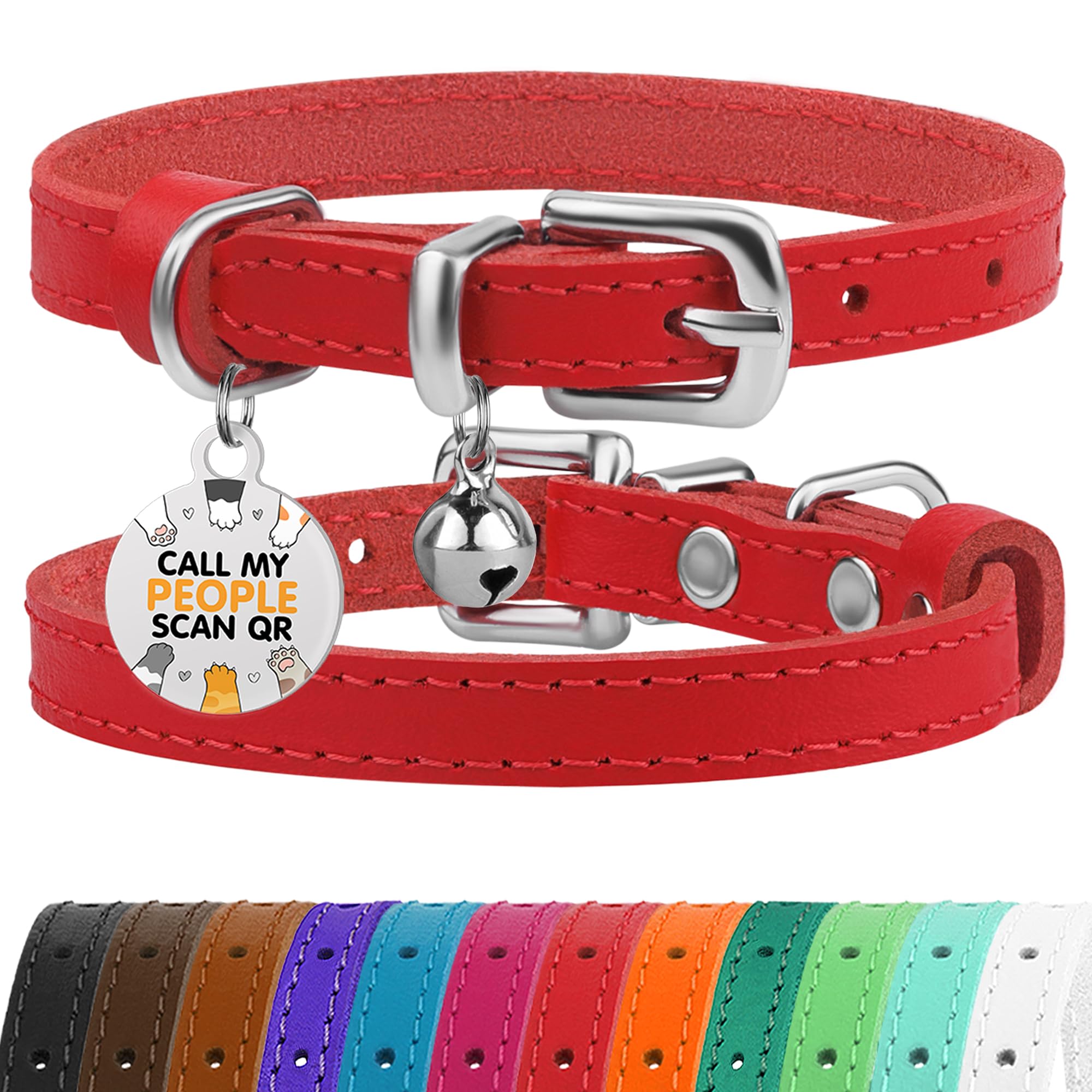 Bronzedog Leather Cat Collar With Removable Bells Non Breakaway Kitten Qr Tag For Girl Boy (9' - 12' Cats/Mini Dogs, Red & Silver)