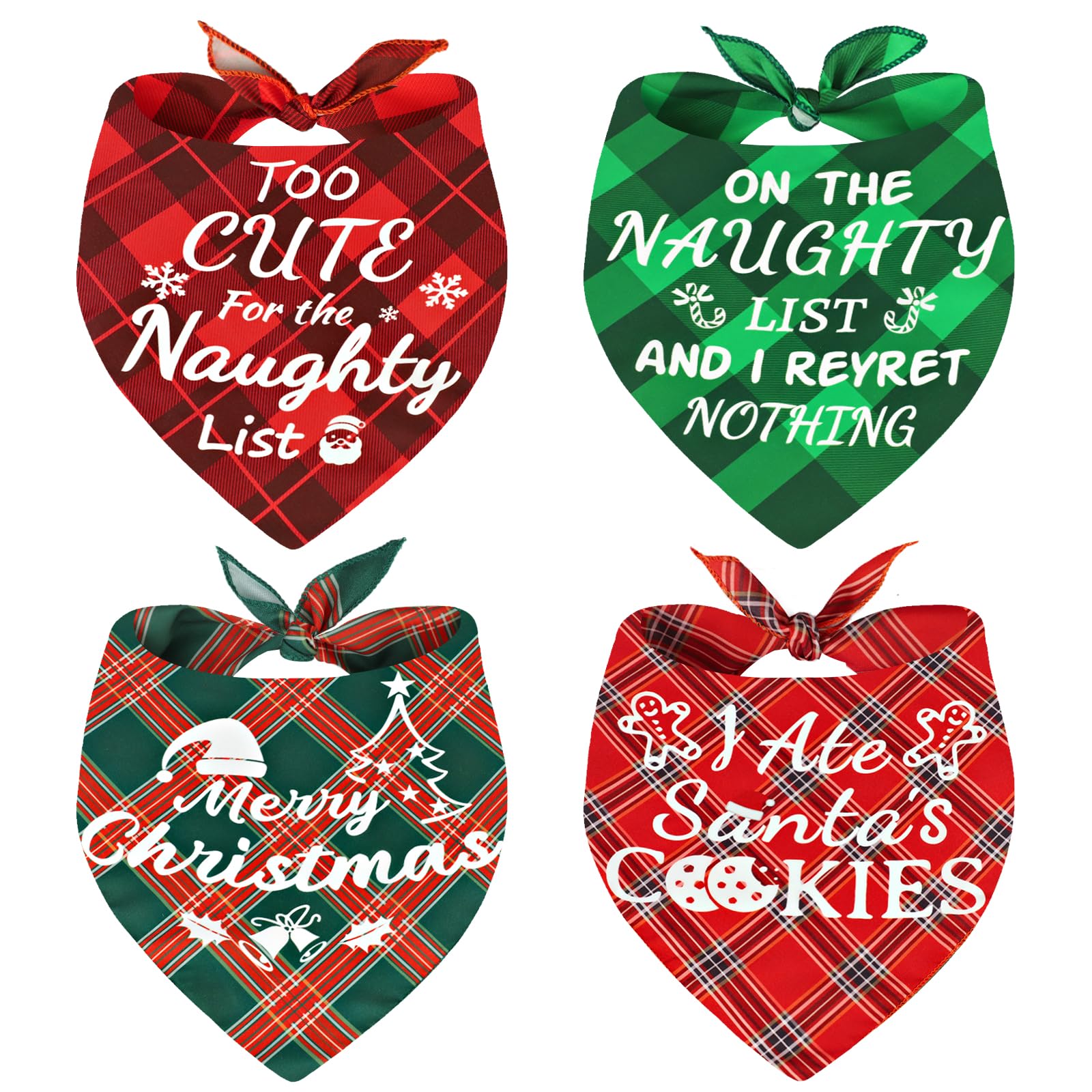 4 Pack Merry Christmas Dog Bandanas - Classic Triangle Plaid Christmas Bandanas For Dogs - Fun Pet Holiday Accessories