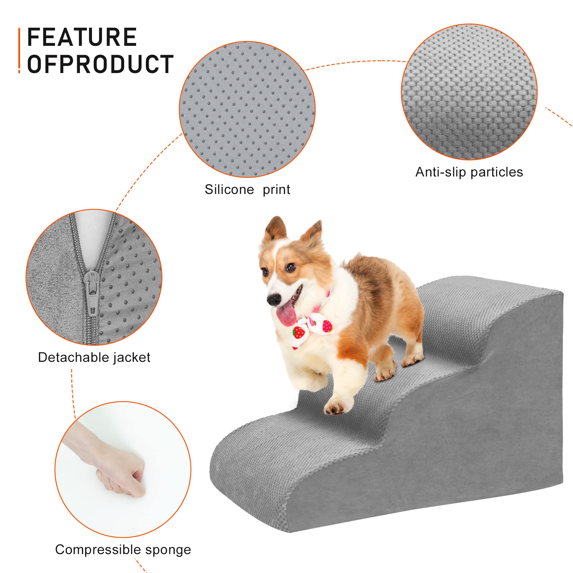 Dog Stairs For Small Dogs, 3 Tiers High Density Foam Dog Ramp, Extra Wide Non-Slip Pet Steps For High Beds Or Couch, Soft Foam Doggie Ladder For Dogs Injured, Older Pets, Small Cats