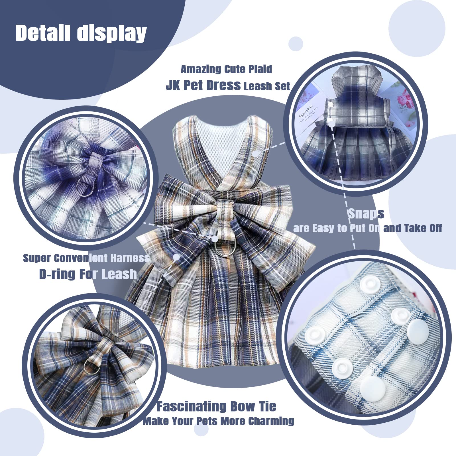 Petcare Plaid Dog Dress Bow Tie Harness Leash Set For Small Dogs Cats Girl Cute Princess Dog Dresses Spring Summer Puppy Bunny R