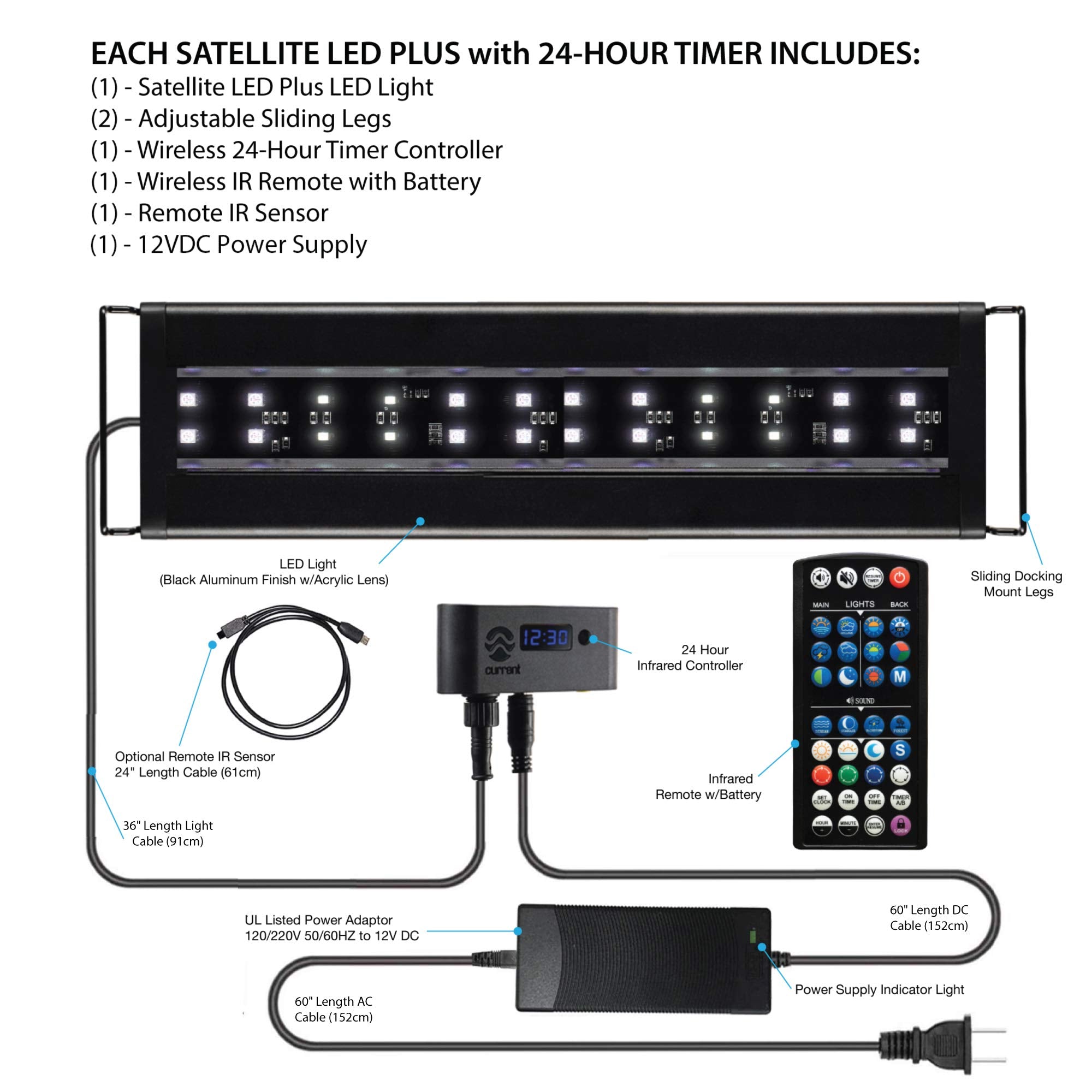 Current USA 36-48'' Inch Satellite Freshwater LED Plus Full Spectrum RGB+W Light for Aquariums | Wireless 24 Hour Remote Control