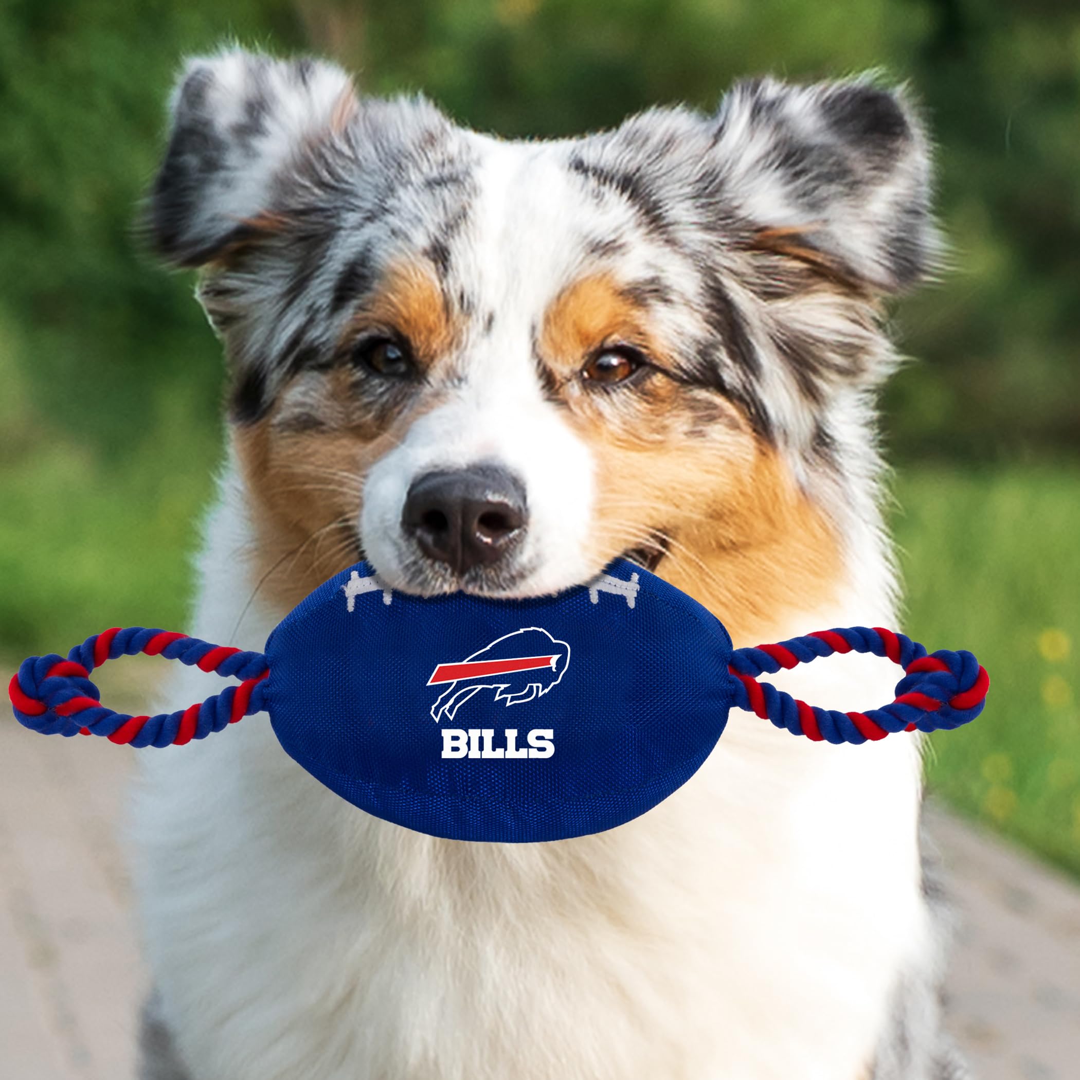 Pets First NFL Buffalo Bills Football Dog Toy, Tough Quality Nylon Materials, Strong Pull Ropes, Inner Squeaker, NFL Team Color