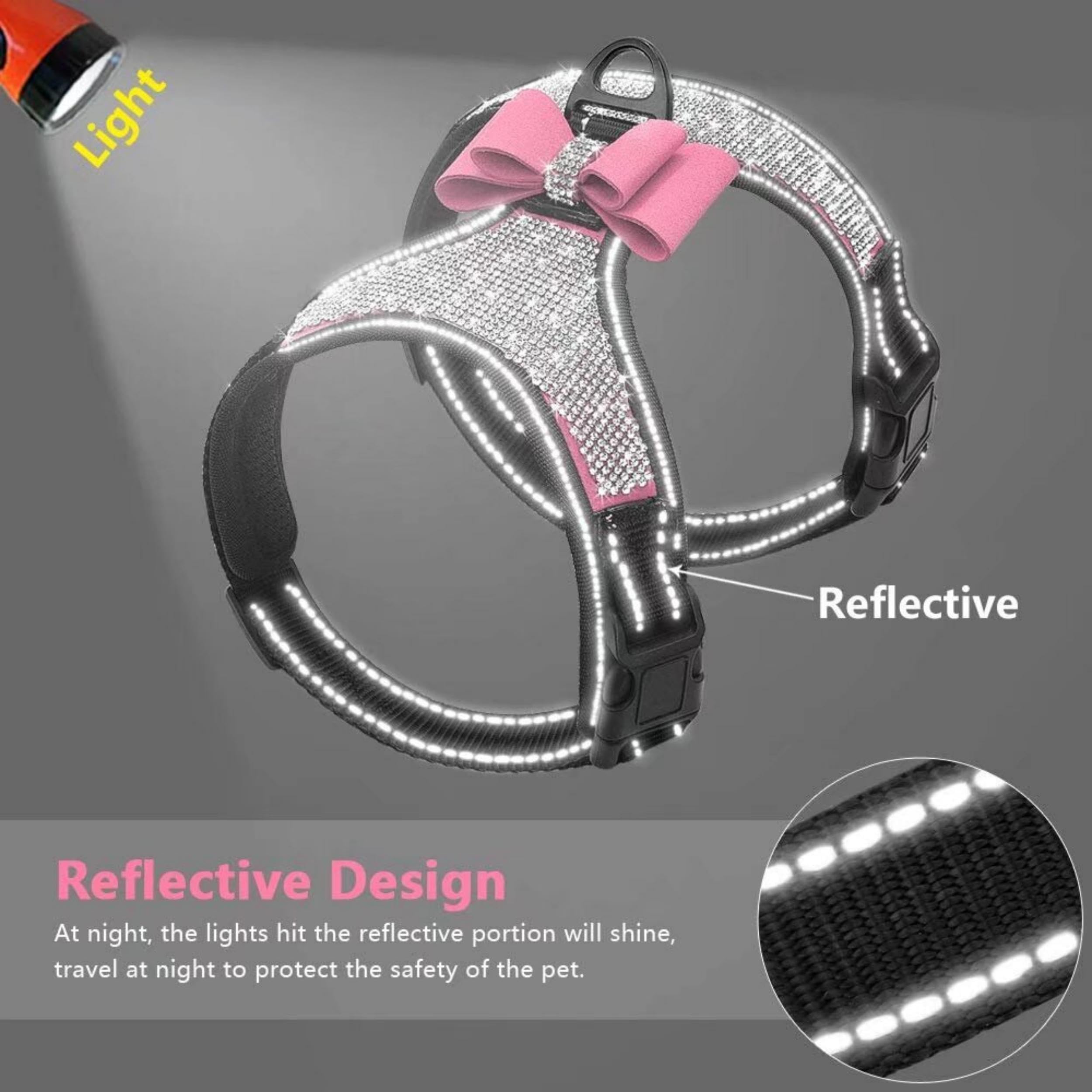 Beirui Rhinestone Dog Harness - Reflective Bling Nylon Vest, Size L, Pink, Suede, with Sparkly Bow Tie for Small to Large Dogs
