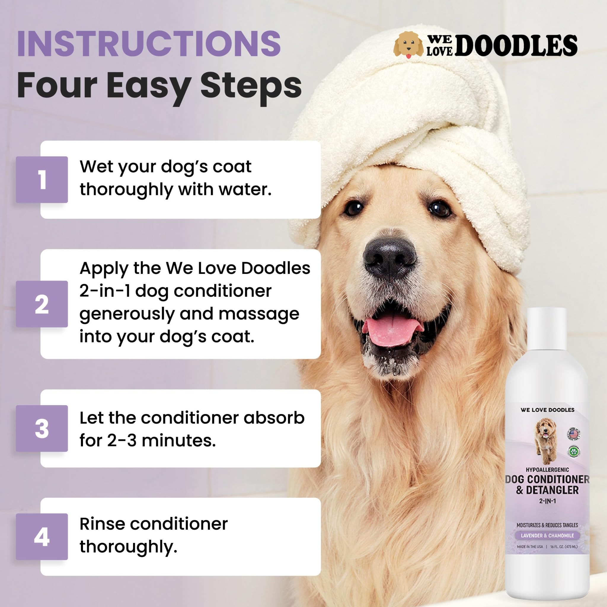 Dog Conditioner & Detangler, 2-in-1 Conditioner for Allergies & Itching, Made in USA, Lotion Treatment for Dogs, Perfect for Poo