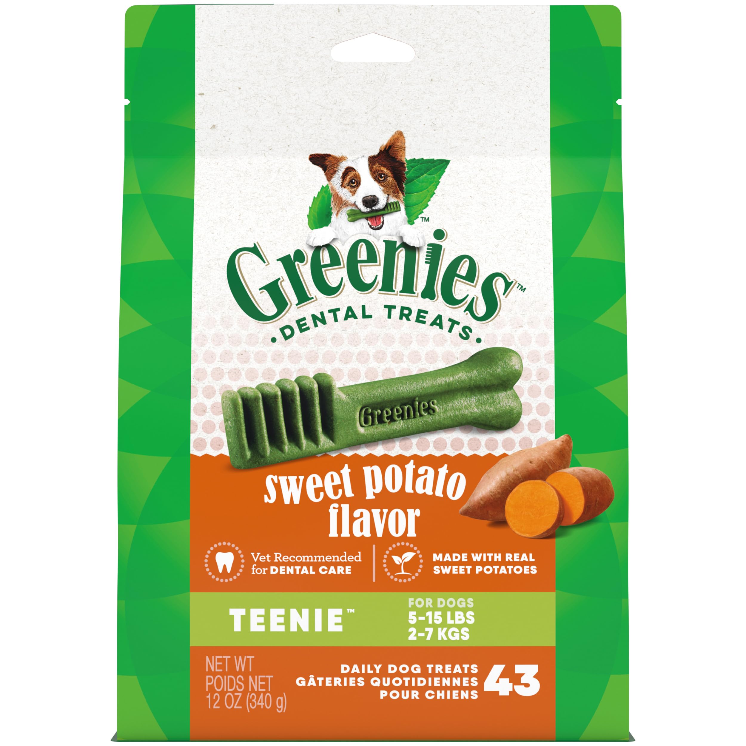 Greenies Teenie Natural Dog Dental Treats, Sweet Potato Flavor, 12 oz. Pouch (43 Treats)