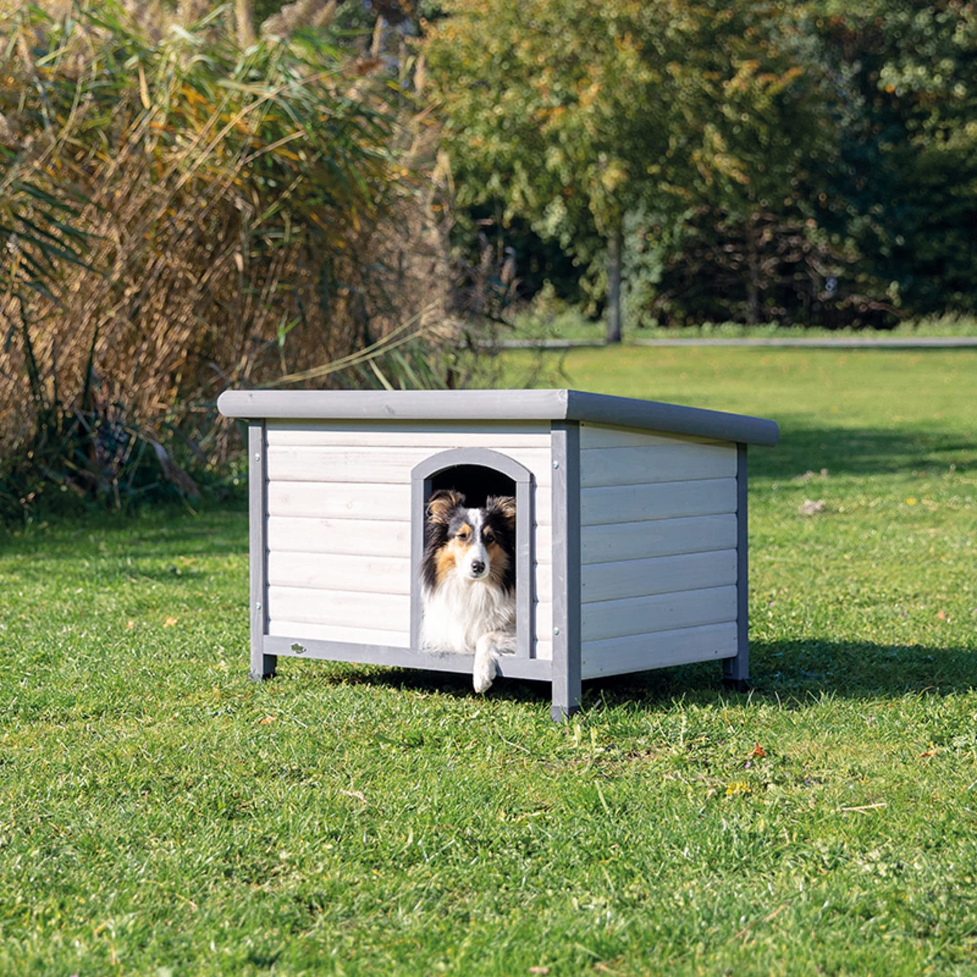 Trixie Natura Classic Dog House – Small Outdoor Dog House With Weatherproof Sealer & Hinged Roof, Wooden Dog House With Adjustable Legs For Small Dogs In Grey – 23.75 X 33.5 X 23 In