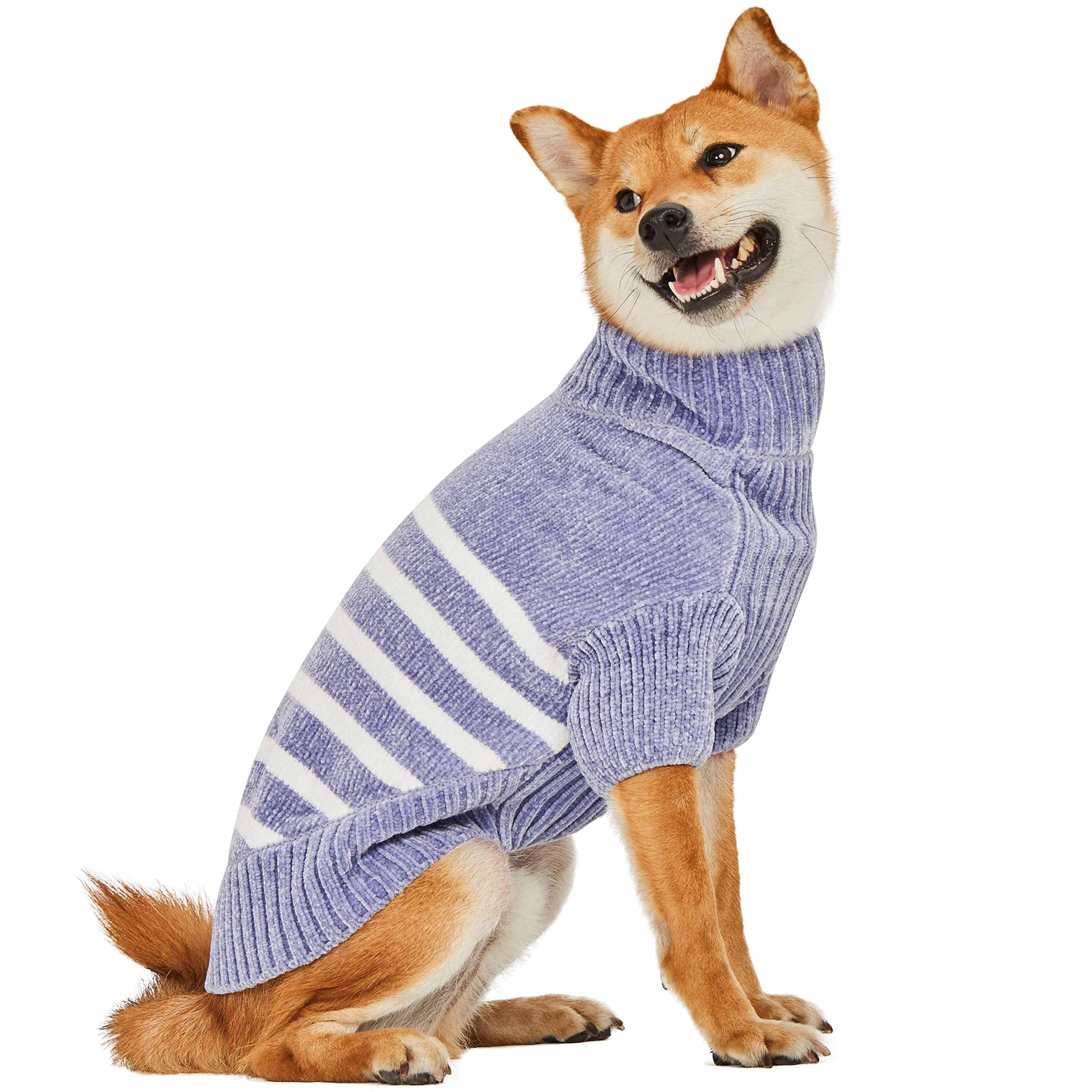 Blueberry Pet Cozy Soft Chenille Classy Striped Dog Sweater in Stonewash Blue, Back Length 12'', Pack of 1 Clothes for Dogs