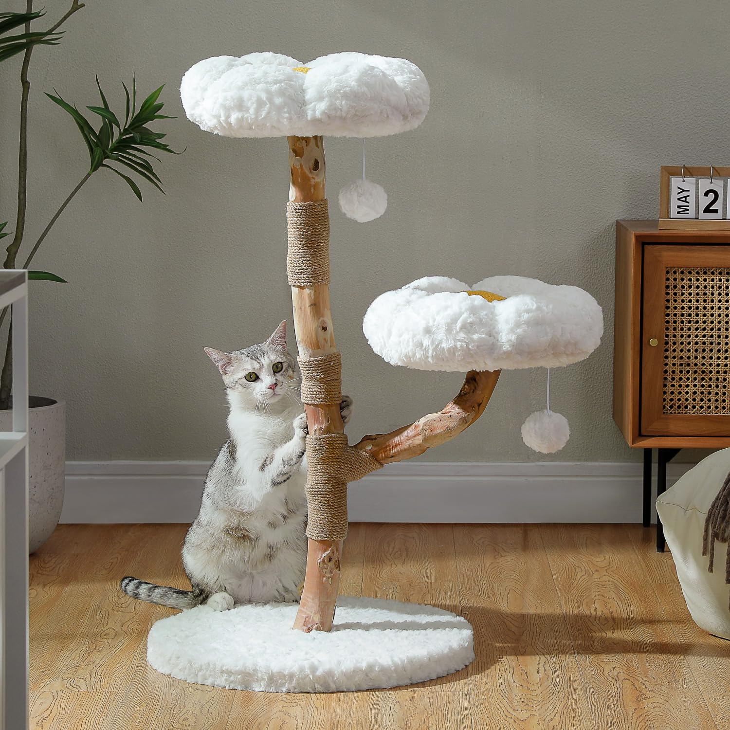 Muttros Wood Flower Cat Tree, Modern Cat Tower With Real Wood Branches, Luxury Boho Furniture With Scratching Post And 2 Perches