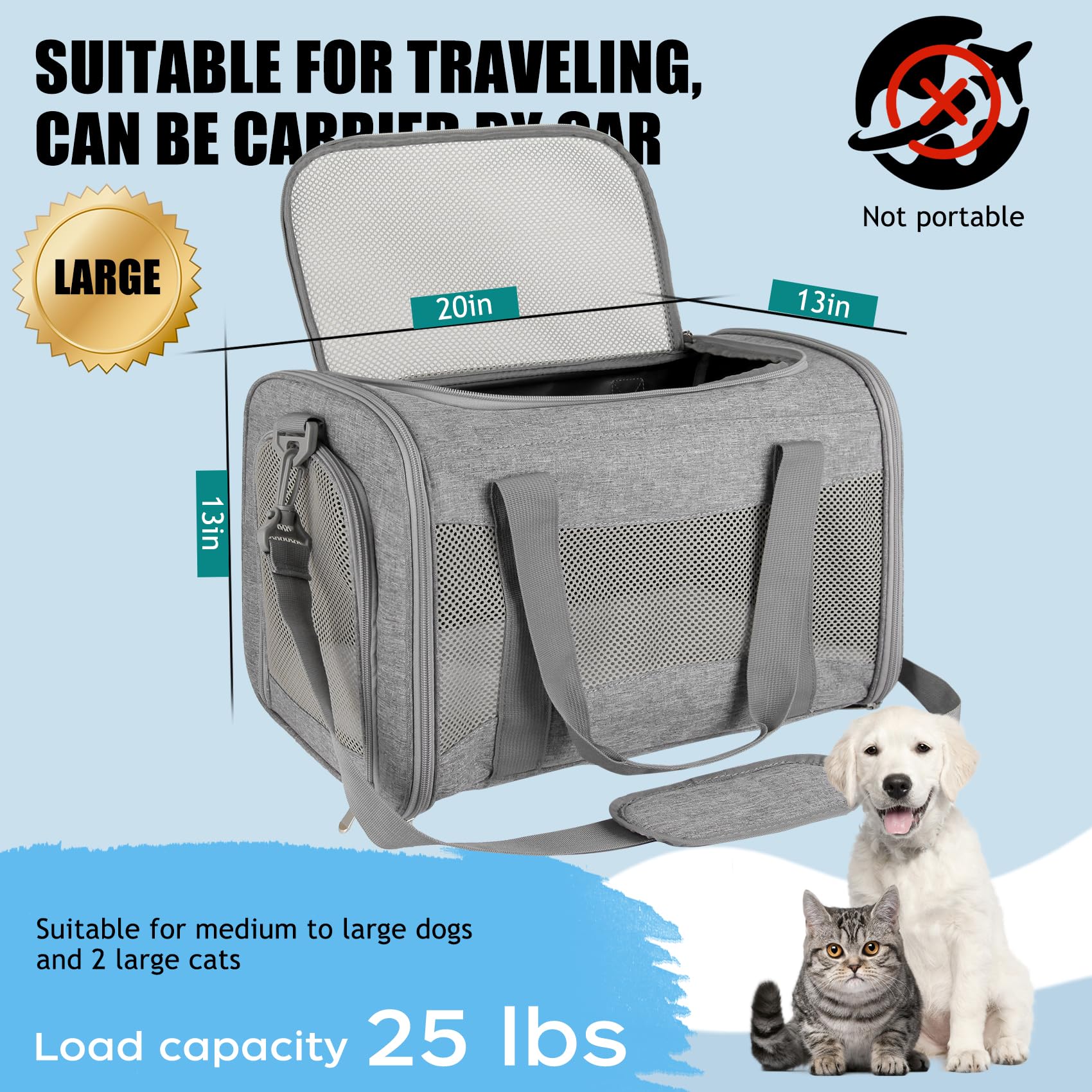 Yipincover Carriers Soft-Sided Large Pet Carrier For Cats Dogs Small Animals Up To 35Lbs,Top Load Carrier,Ventilated Design,Port