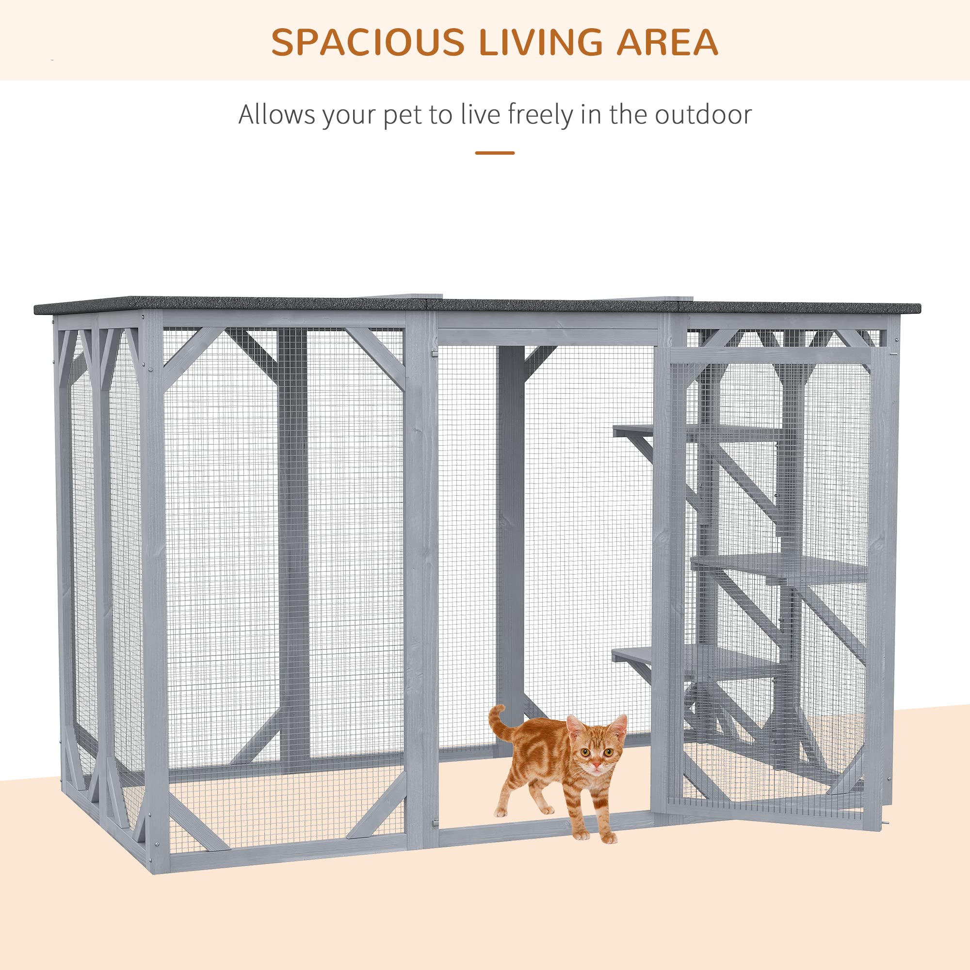Pawhut Outdoor Cat House, Catio Wooden Feral Cat Shelter, Cat Cage With Platforms, Large Enter Door, Weather Protection Asphalt Roof, 71' L, Gray