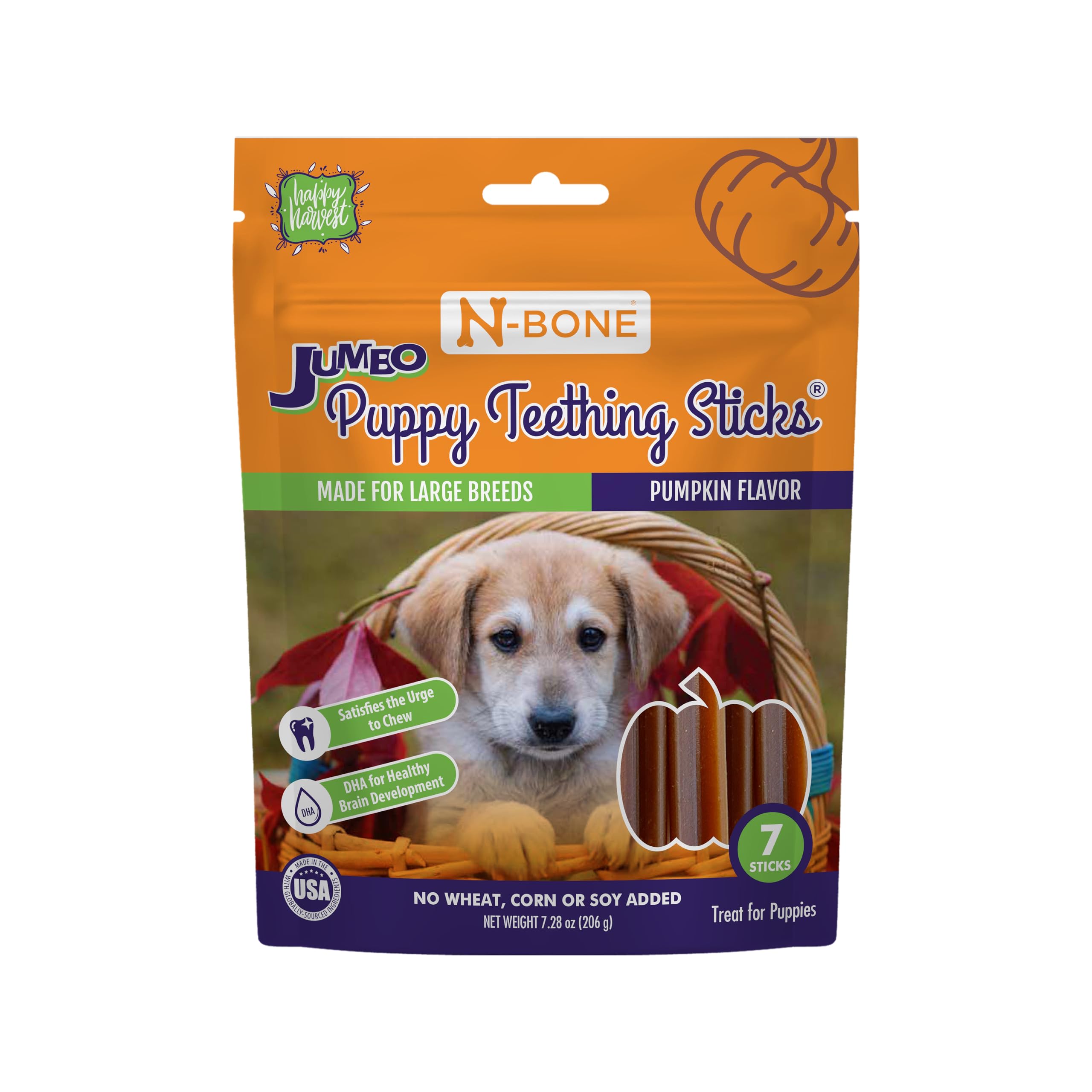 N-Bone Puppy Teething Sticks Jumbo Pumpkin Flavor Harvest Version, 7 Counts, 7.28-oz Bag