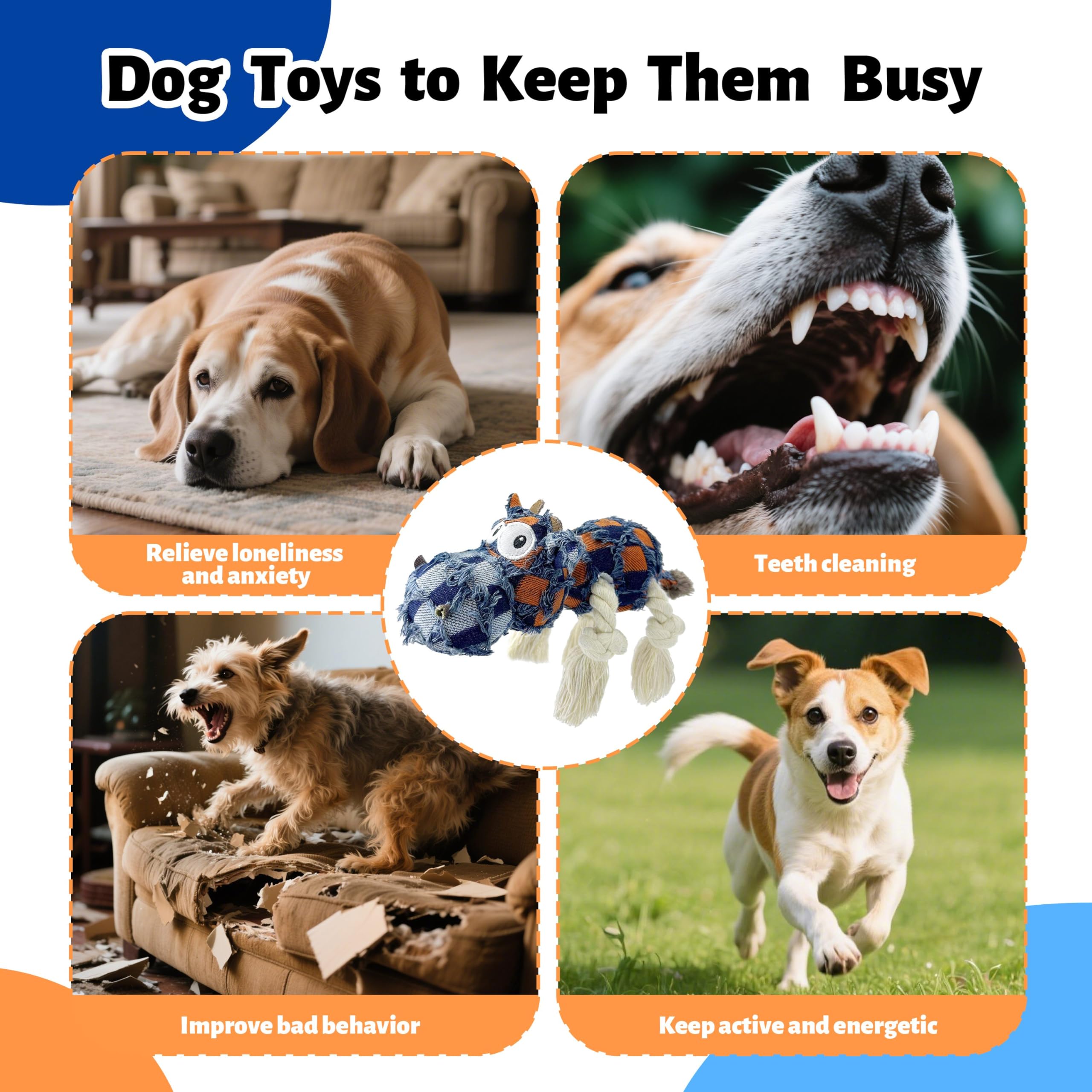 Hanarook Squeaky Dog Toys For Aggressive Chewers, Dog Plush Chew Toy, Stuffed Animals Dog Toys For Small Medium Large Dogs To Ke