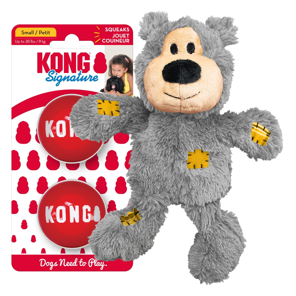 Kong Wild Knots Bear & Signature Balls (2 Pack) - Soft Bear Chew Toy With Rope Interior - Durable Dog Balls For Fetch - For Small Dogs
