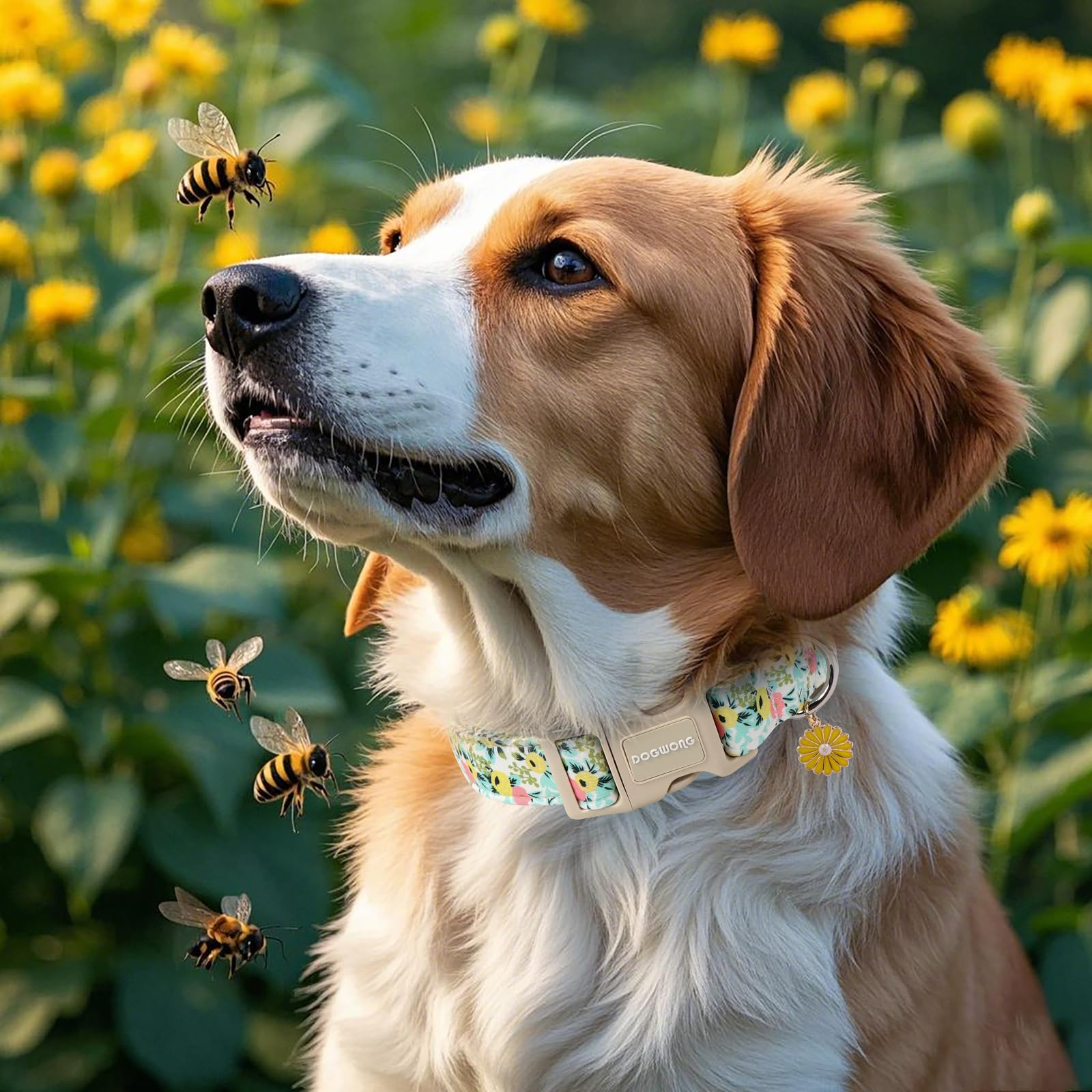 Dogwong Flower Cotton Dog Collar, Spring Summer Cute Yellow Dog Collar Durable Soft Fabric Pet Dog Collars Female Girl Necklace