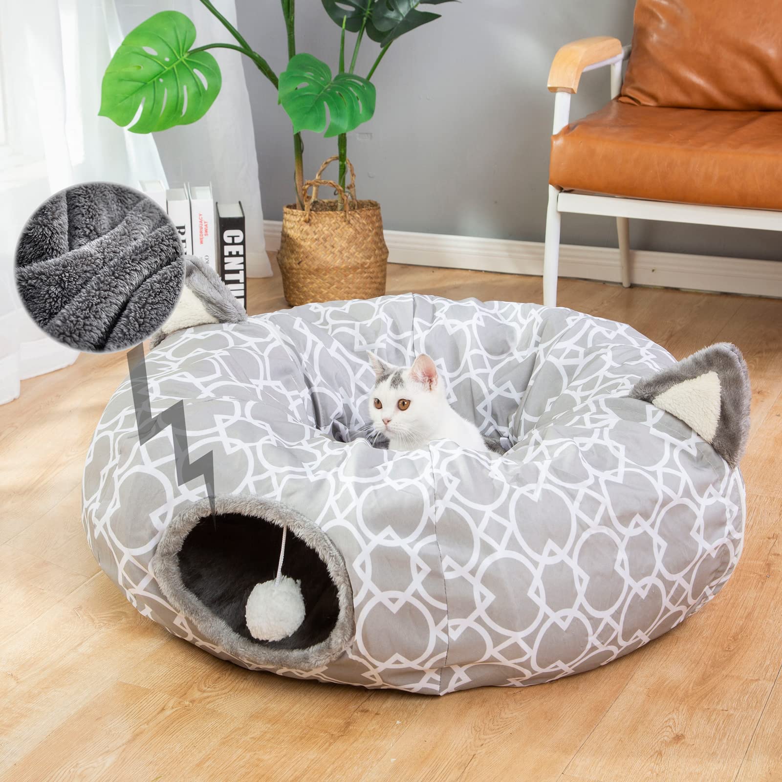 Luckitty Geometric Cat Tunnel Bed Oxford Outside With Plush Inside,Cats Toys Collapsible Tunnel Tube With Balls, For Rabbits, Ki