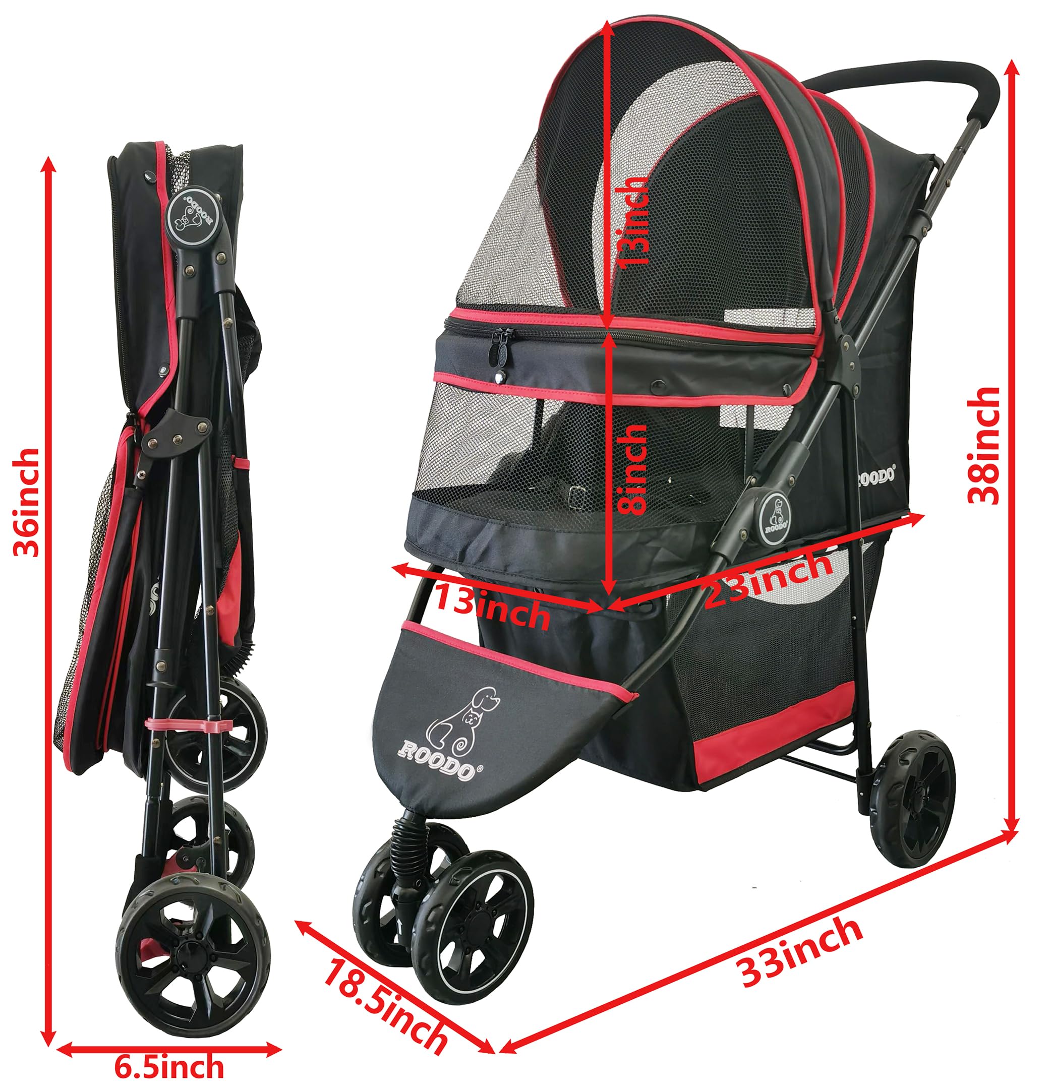 Roodo Escort 3 Wheel Dog Cat Pet Stroller For Small/Medium Dogs Cats Best Lightweight Foldable Portable Compact Jogger Travel Al