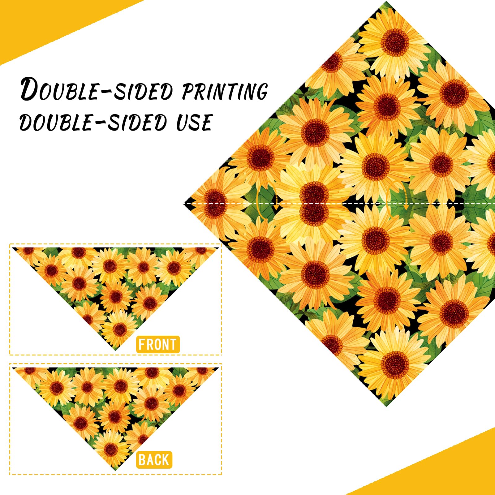 Liboom - Sunflower With Leaves Dog Bandana Washable Pets Scarf Triangle Adjustable Handkerchief, Double Sided Printing, Black,Su