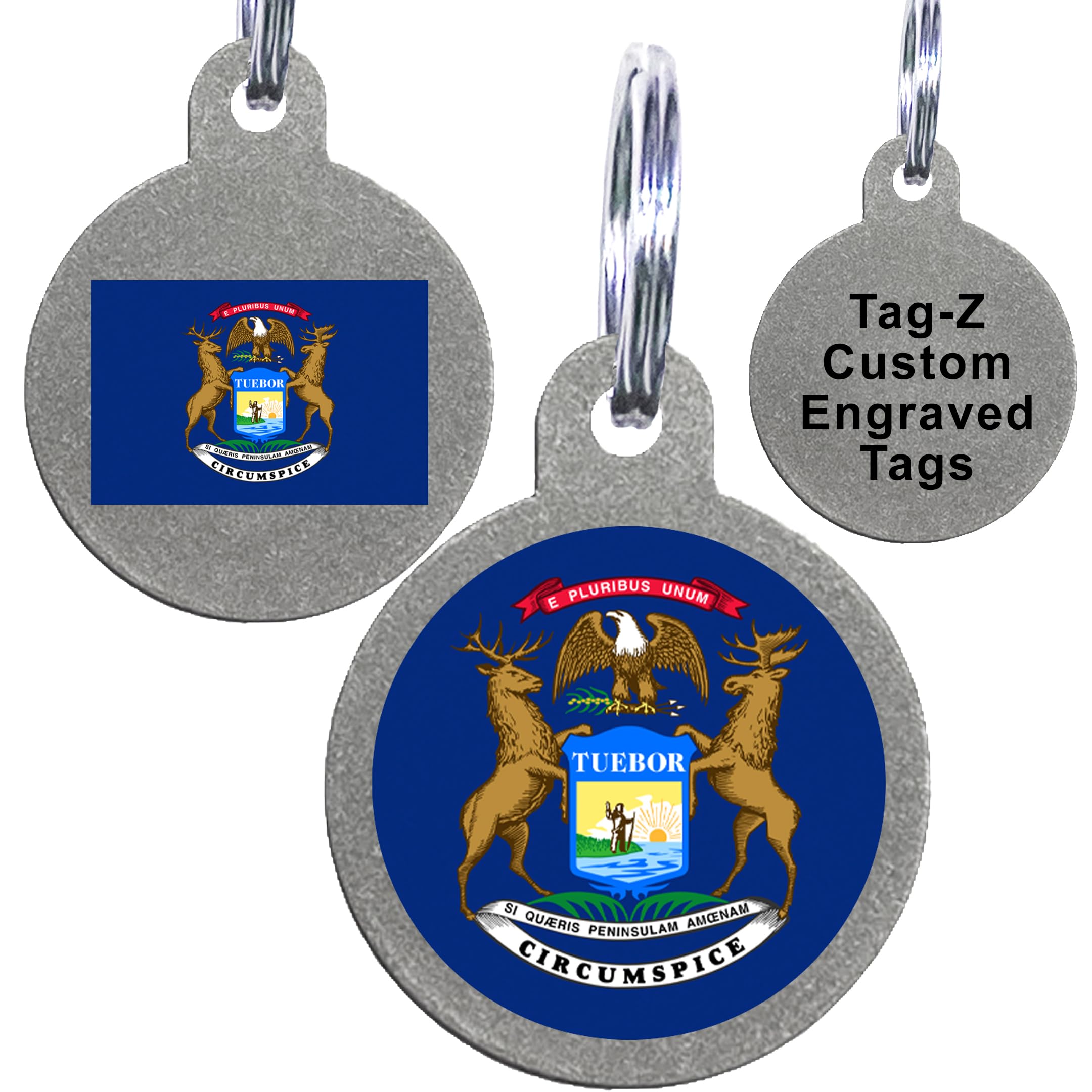 Michigan Flag Pet Id Tags, Custom Printed And Laser Engraved Circle
