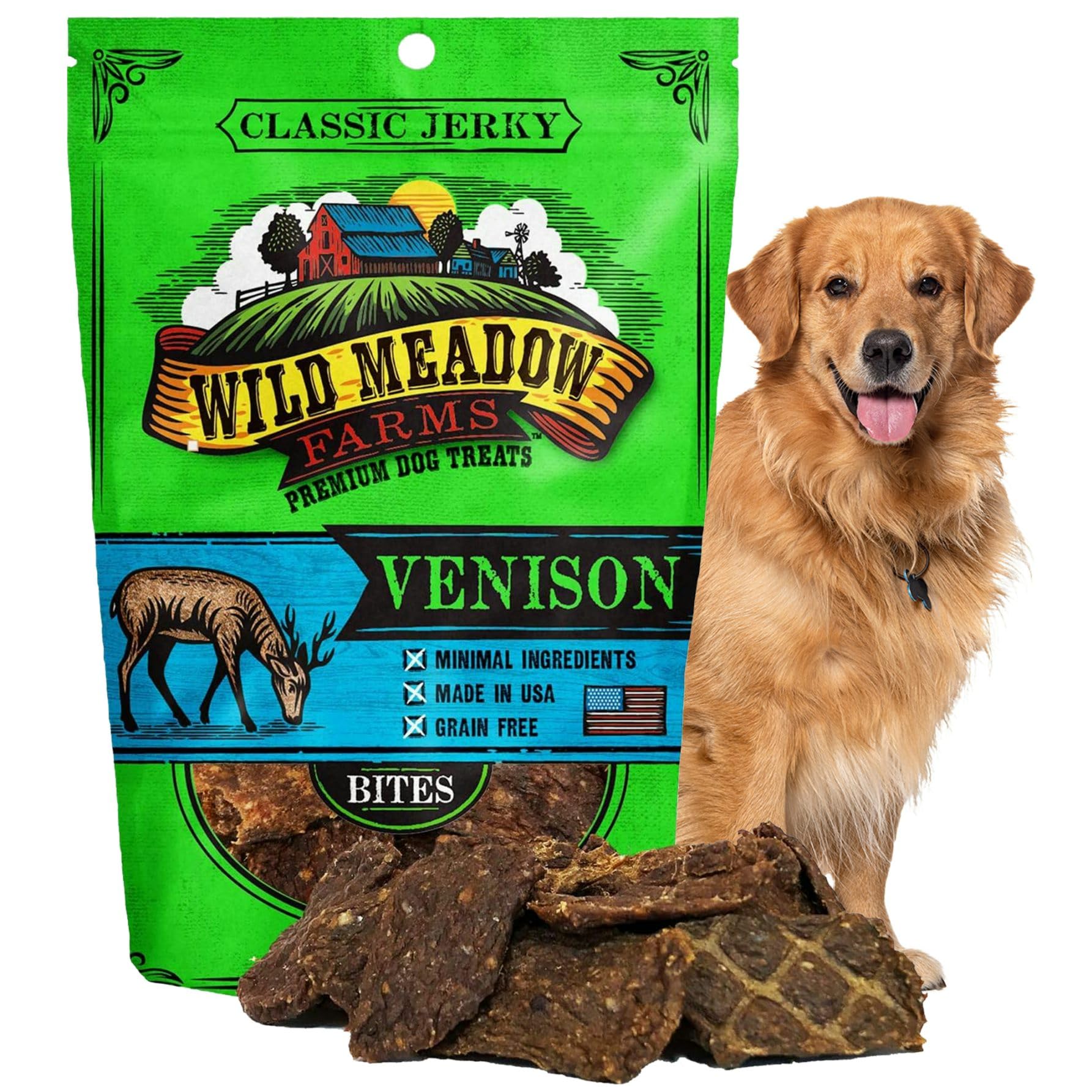 Wild Meadow Farms - Classic Venison Bites, Soft Jerky Treats for Dogs, Grain-Free & All-Natural, Ideal for Training, Portioning,