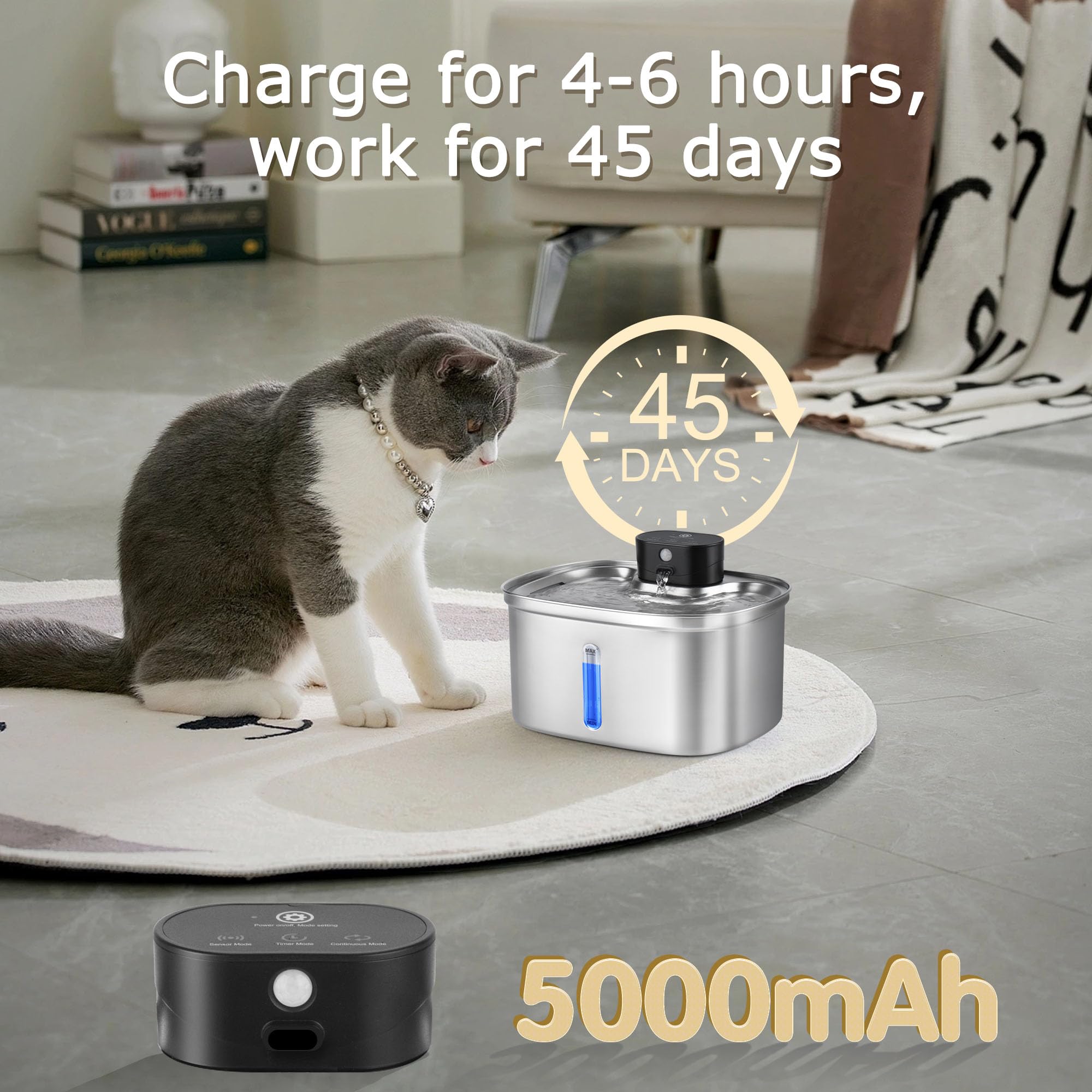 Boorca Cat Water Fountain Cordless, 169Oz/5L Wireless Smart Pet Water Fountain With 5000Mah Battery & Ultra Quiet Pump, Stainles