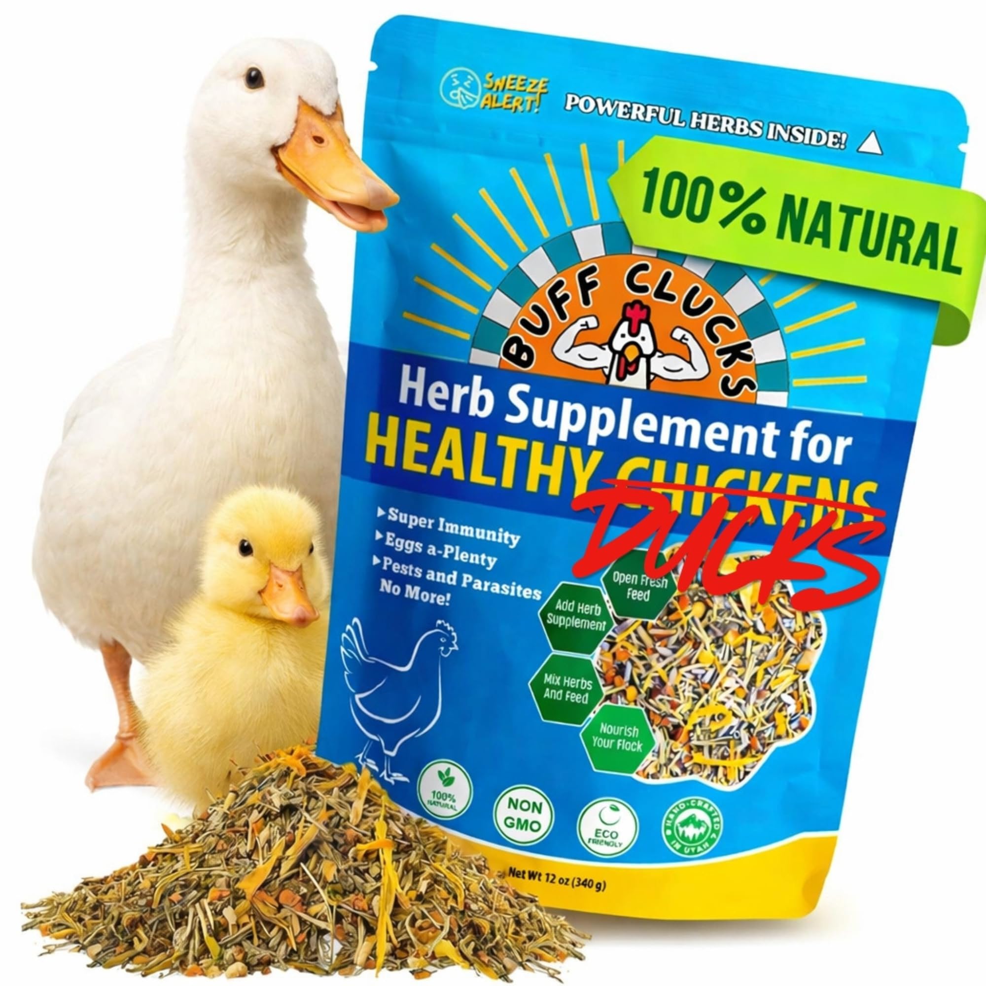Buff Clucks Herb Supplement for Ducks  Natural Waterfowl Treat, Botanical Duck Feed Additive, PlantBased Flock Support for Egg