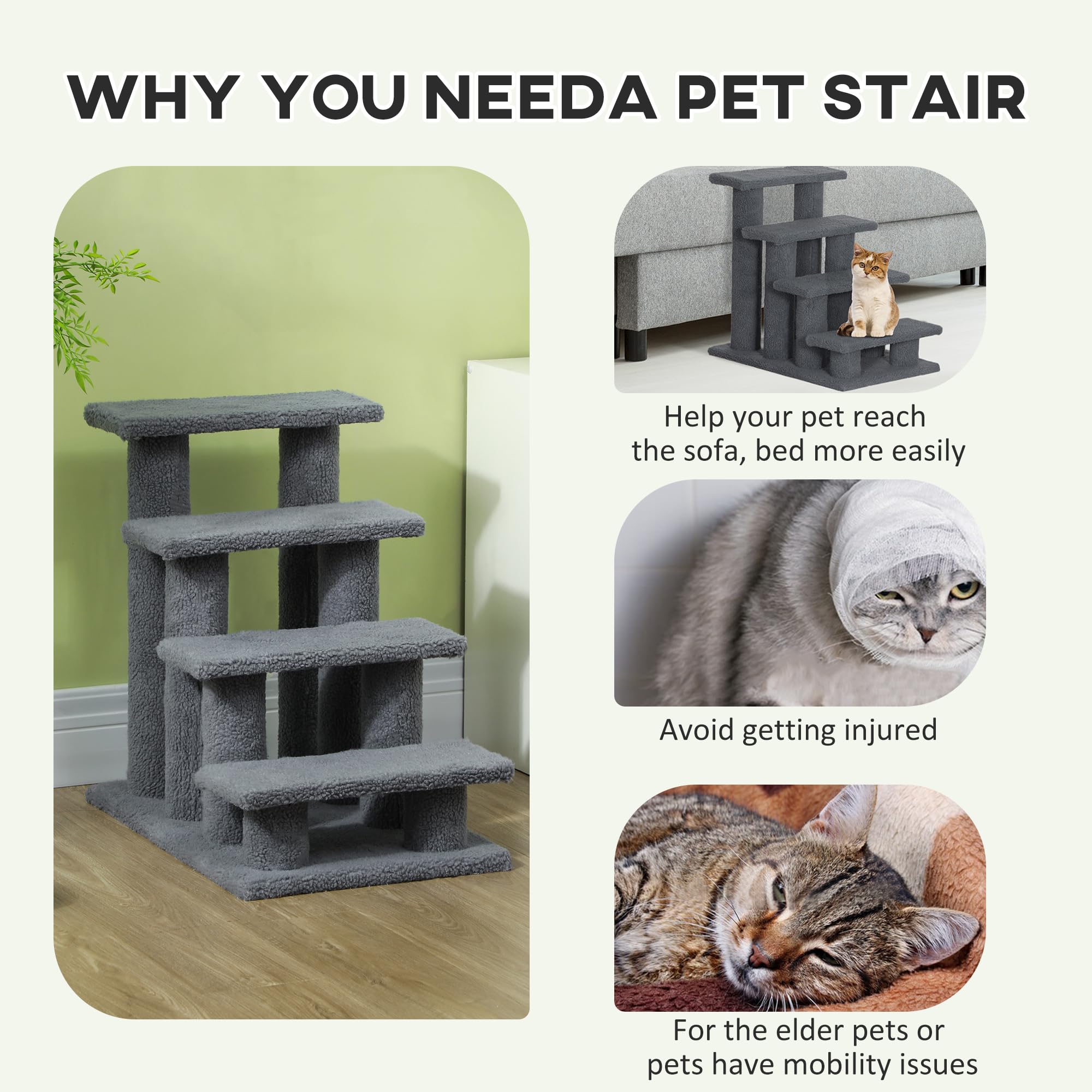 Pawhut 25'' 4-Step Multi-Level Carpeted Cat Scratching Post Pet Stairs - Grey